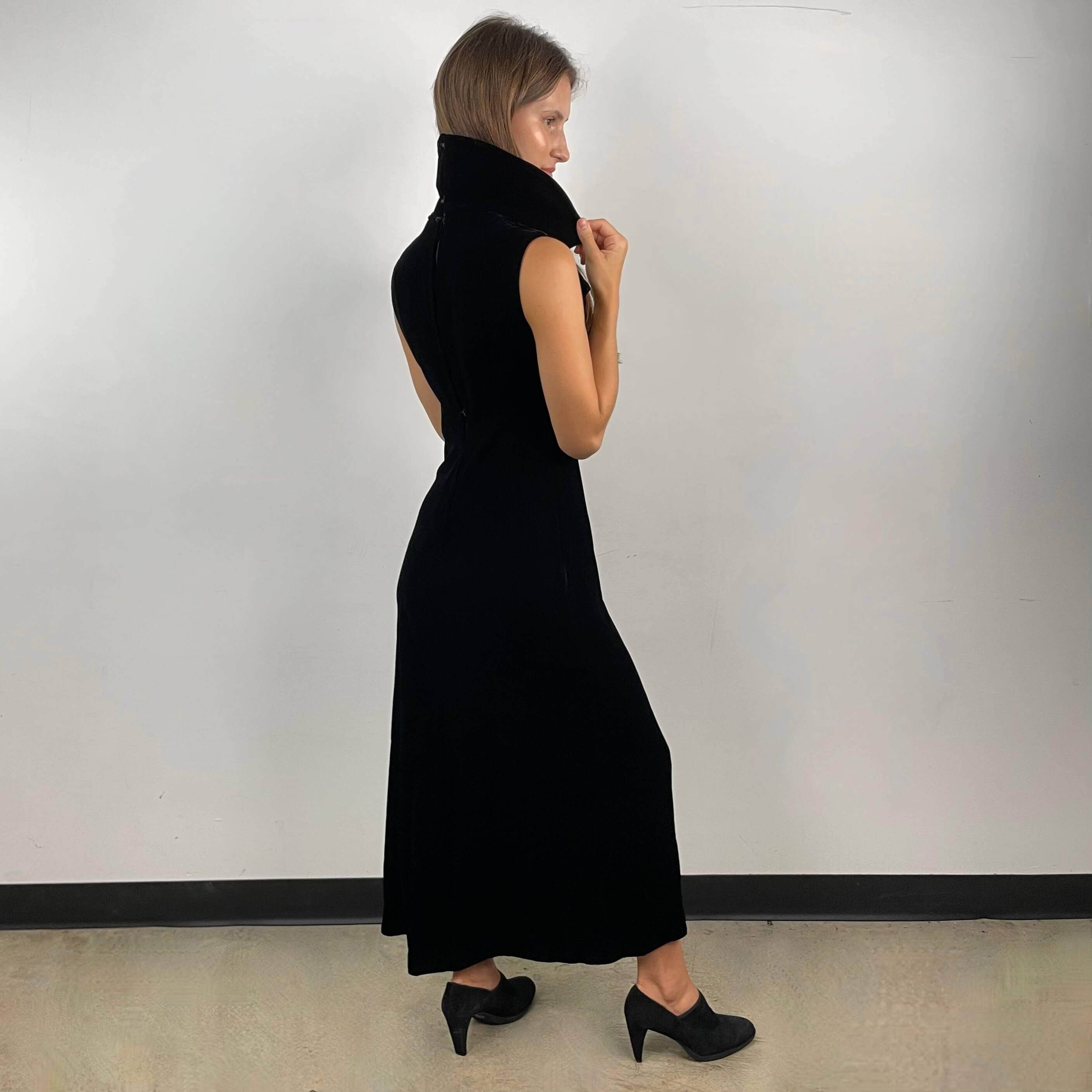 1970s Deep V-Neck Black Velvet Midi Dress Small - Image 6
