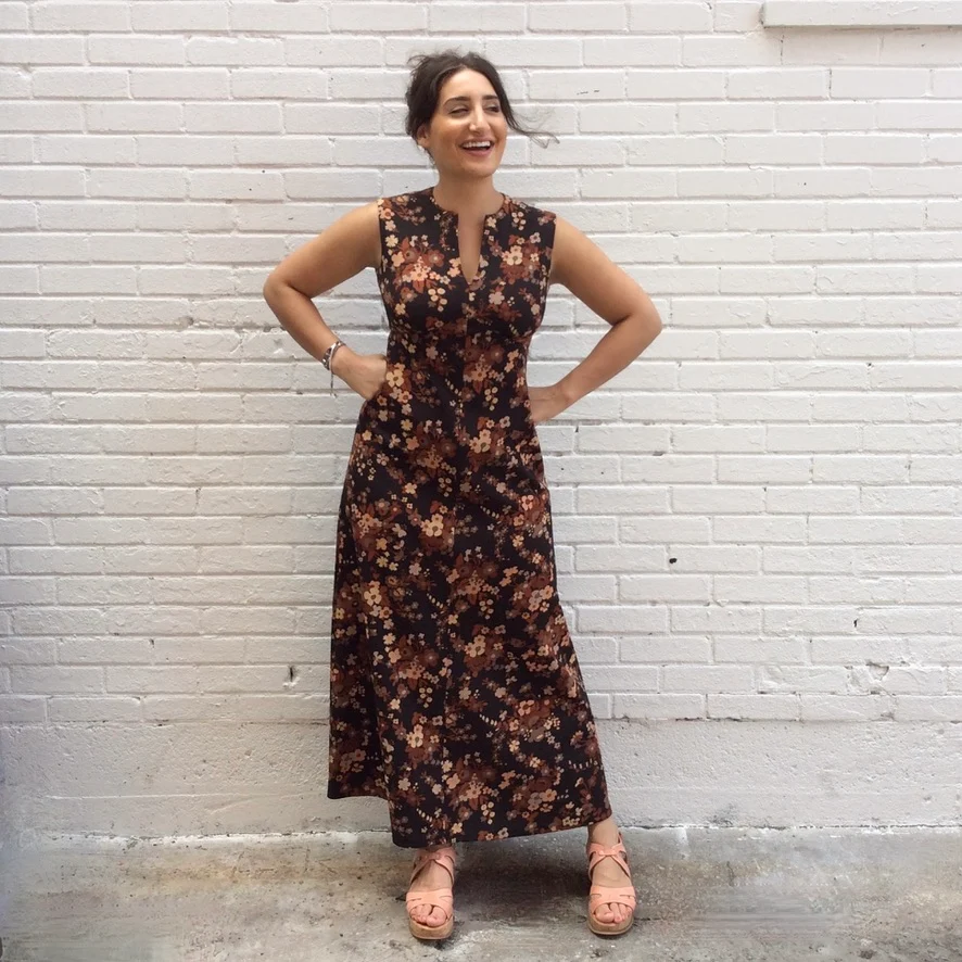 1970s Empire Waist Brown Floral Maxi Dress Medium