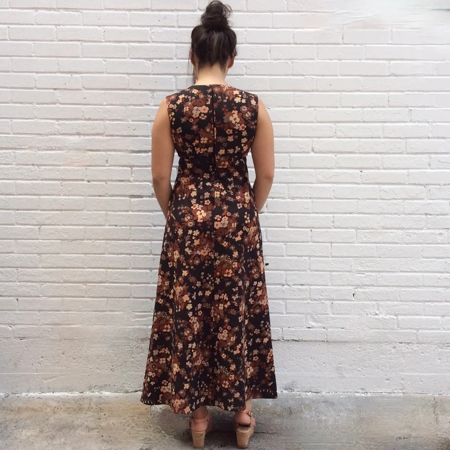 1970s Empire Waist Brown Floral Maxi Dress Medium - Image 2