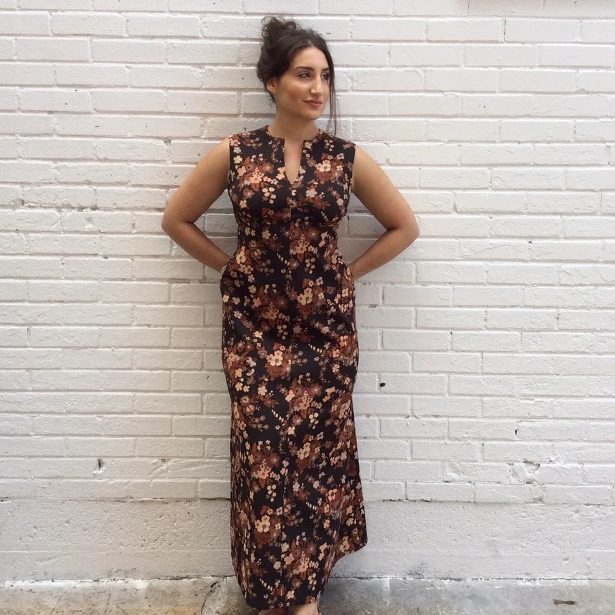 1970s Empire Waist Brown Floral Maxi Dress Medium - Image 3