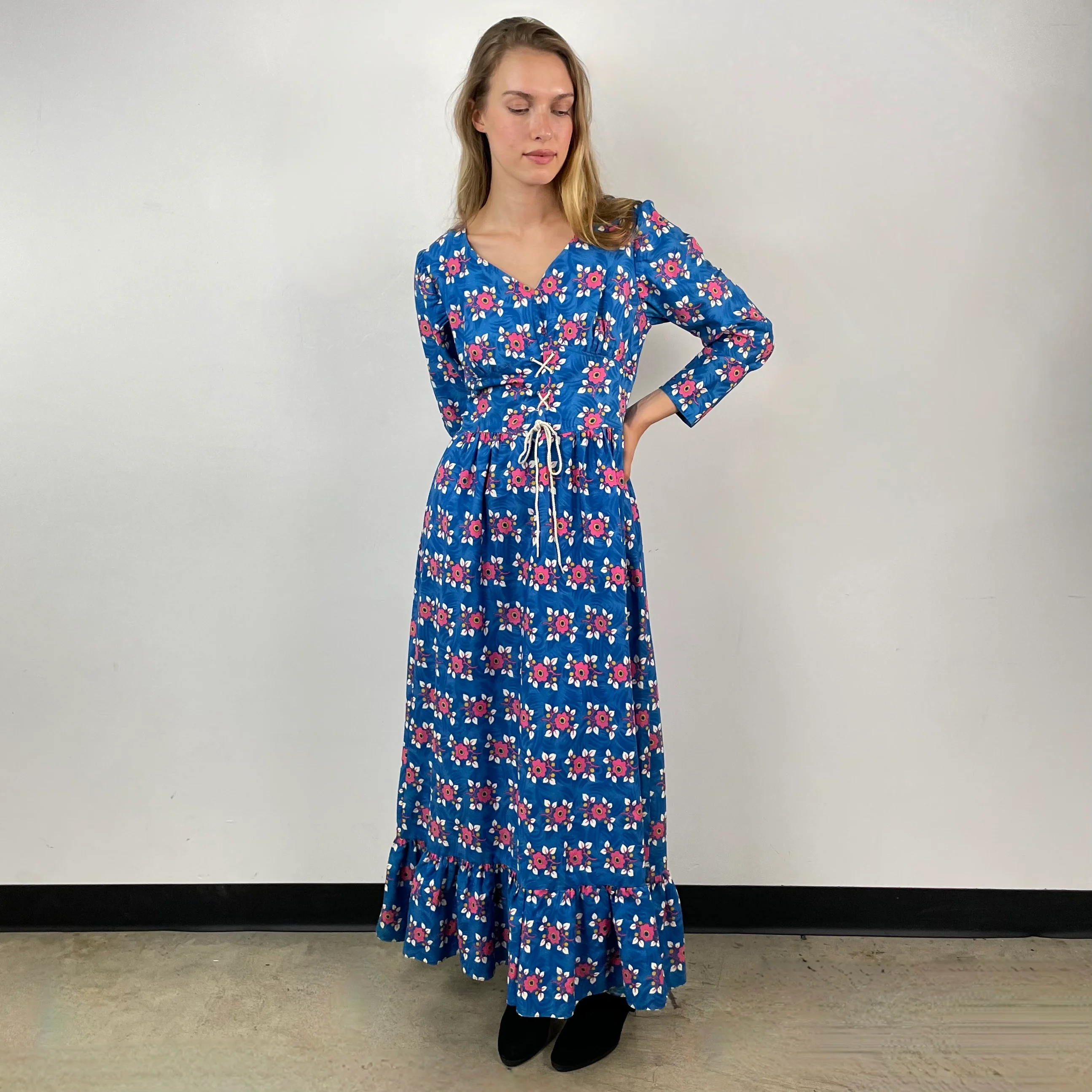 1970s Floral Long-Sleeve Bohemian Peasant Maxi Dress S-M - Image 2