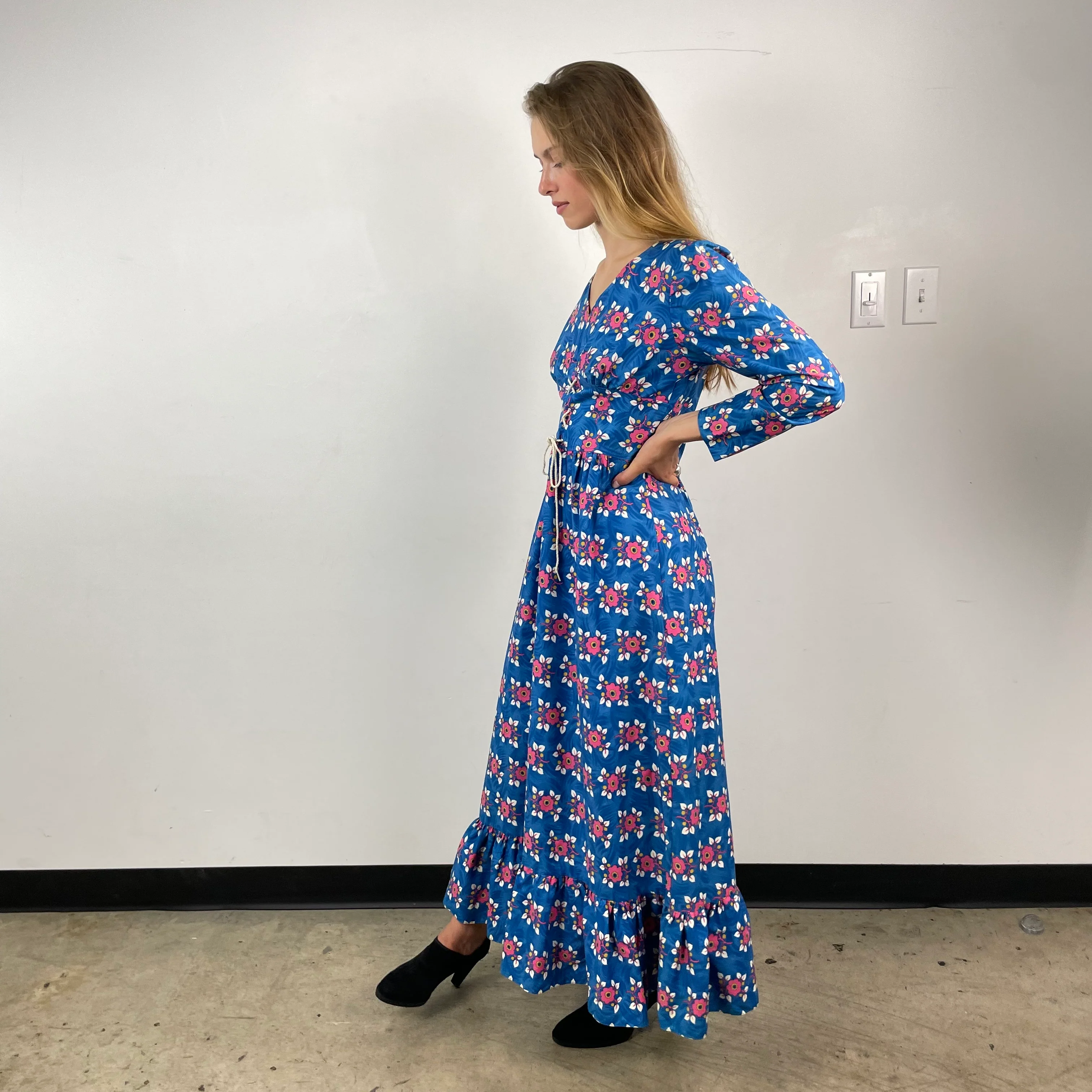 1970s Floral Long-Sleeve Bohemian Peasant Maxi Dress S-M - Image 3