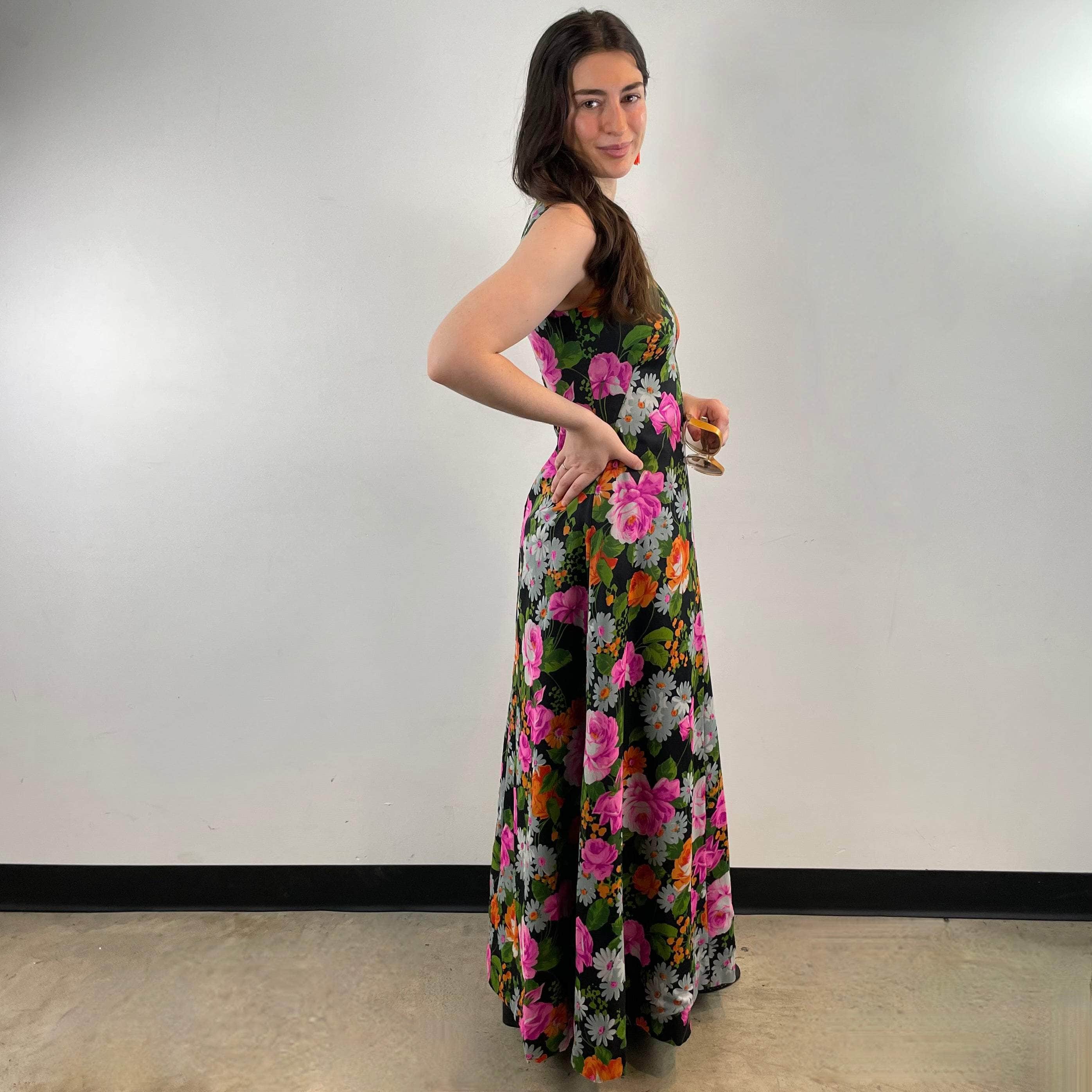 1970s Floral Print Flared Maxi Dress Medium - Image 2