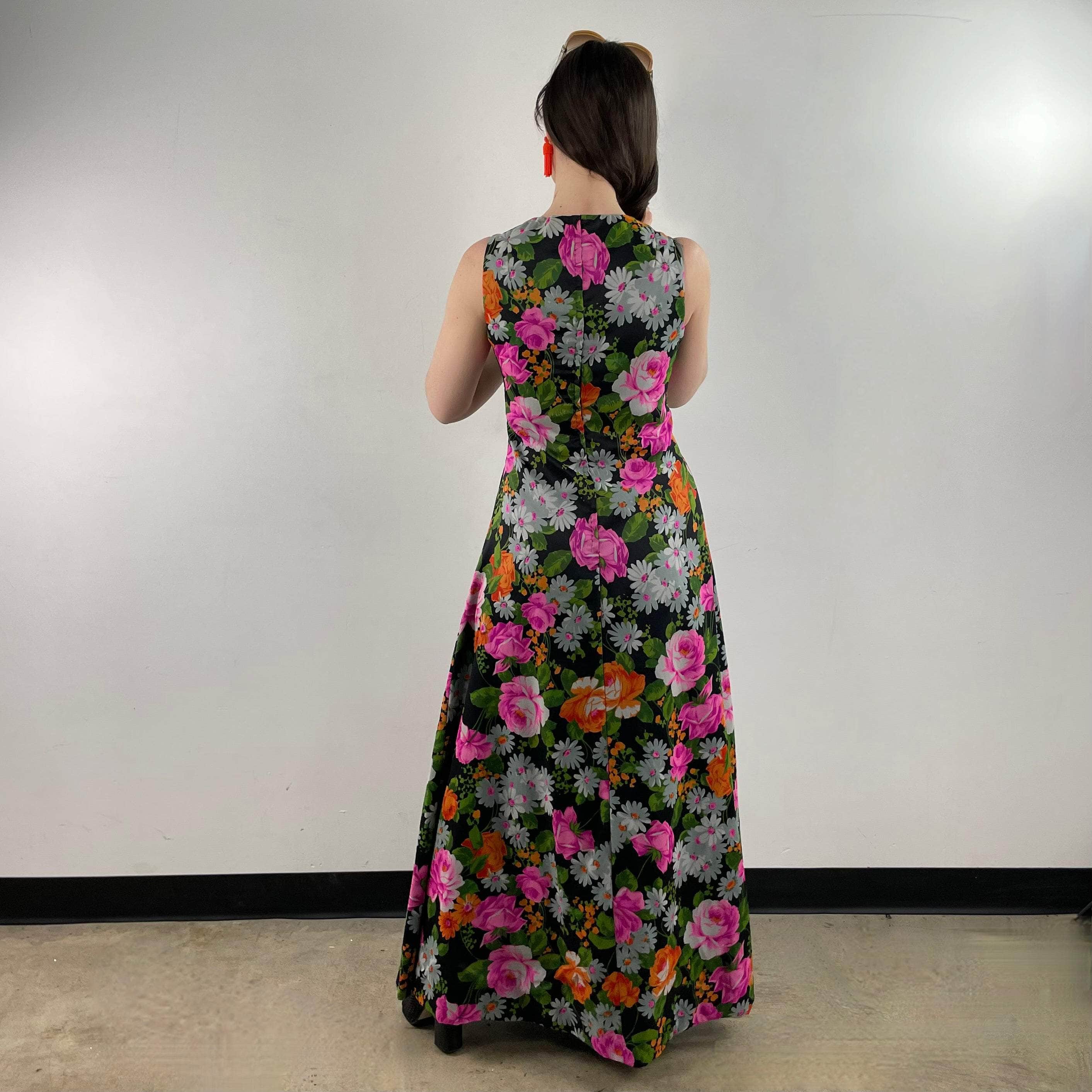 1970s Floral Print Flared Maxi Dress Medium - Image 3