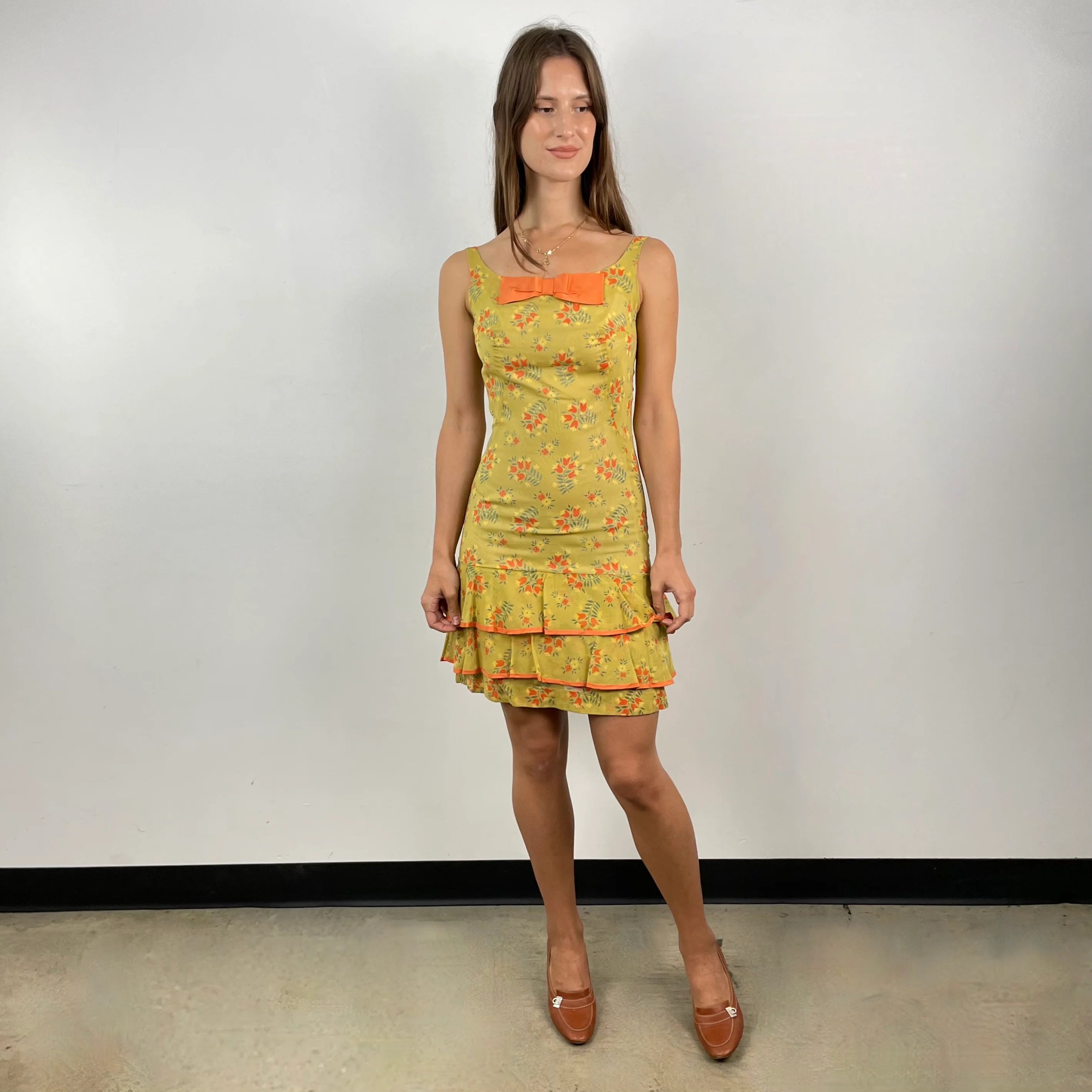 1970s Floral Print Yellow Sheath Dress with Flounces Small