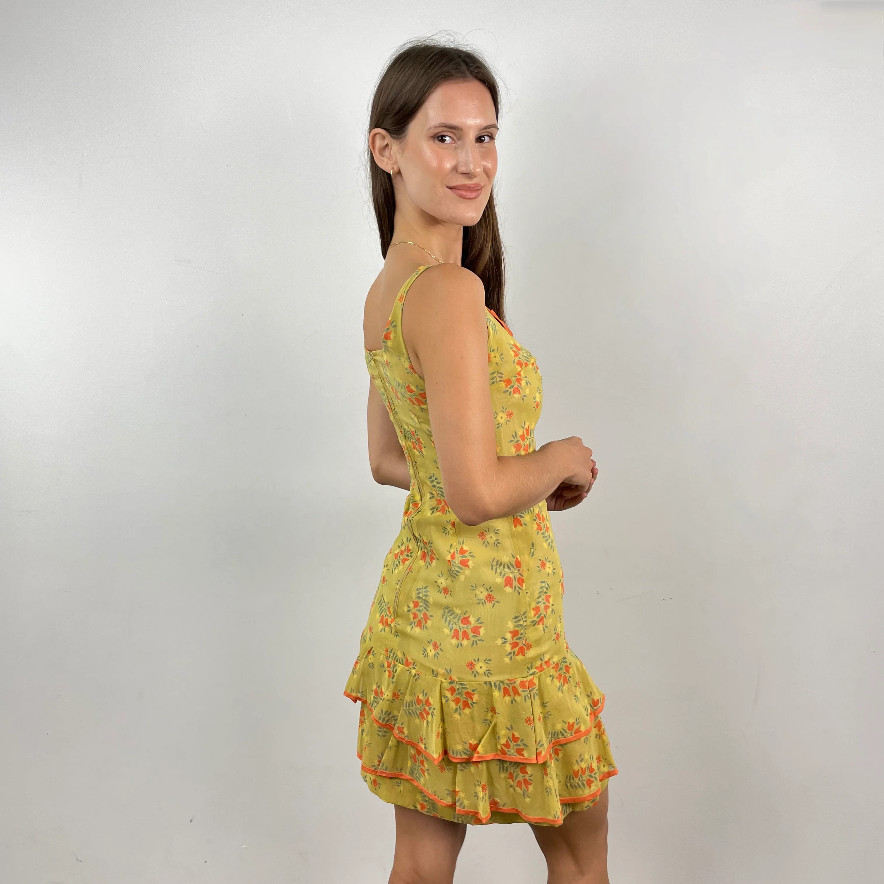 1970s Floral Print Yellow Sheath Dress with Flounces Small - Image 4