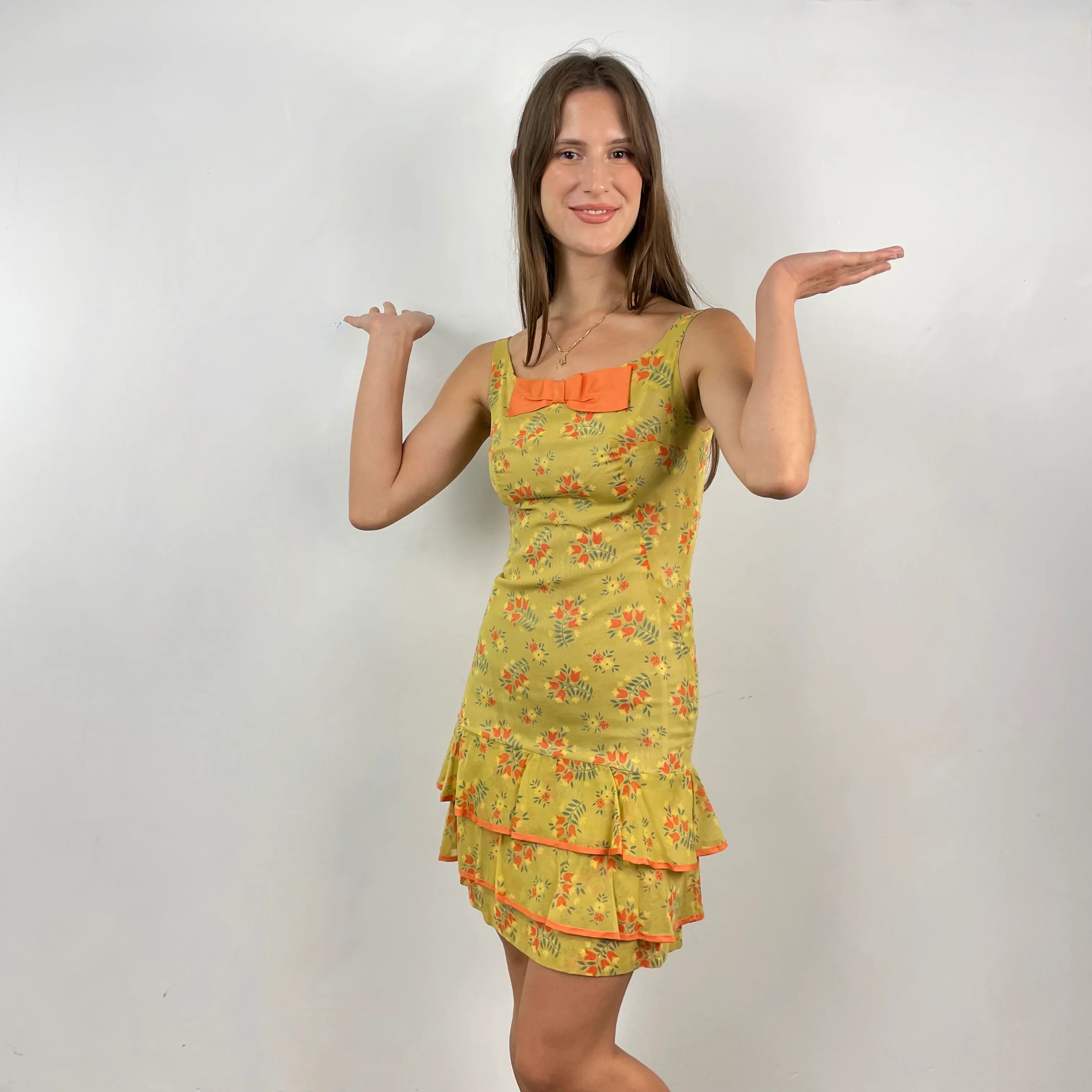 1970s Floral Print Yellow Sheath Dress with Flounces Small - Image 5