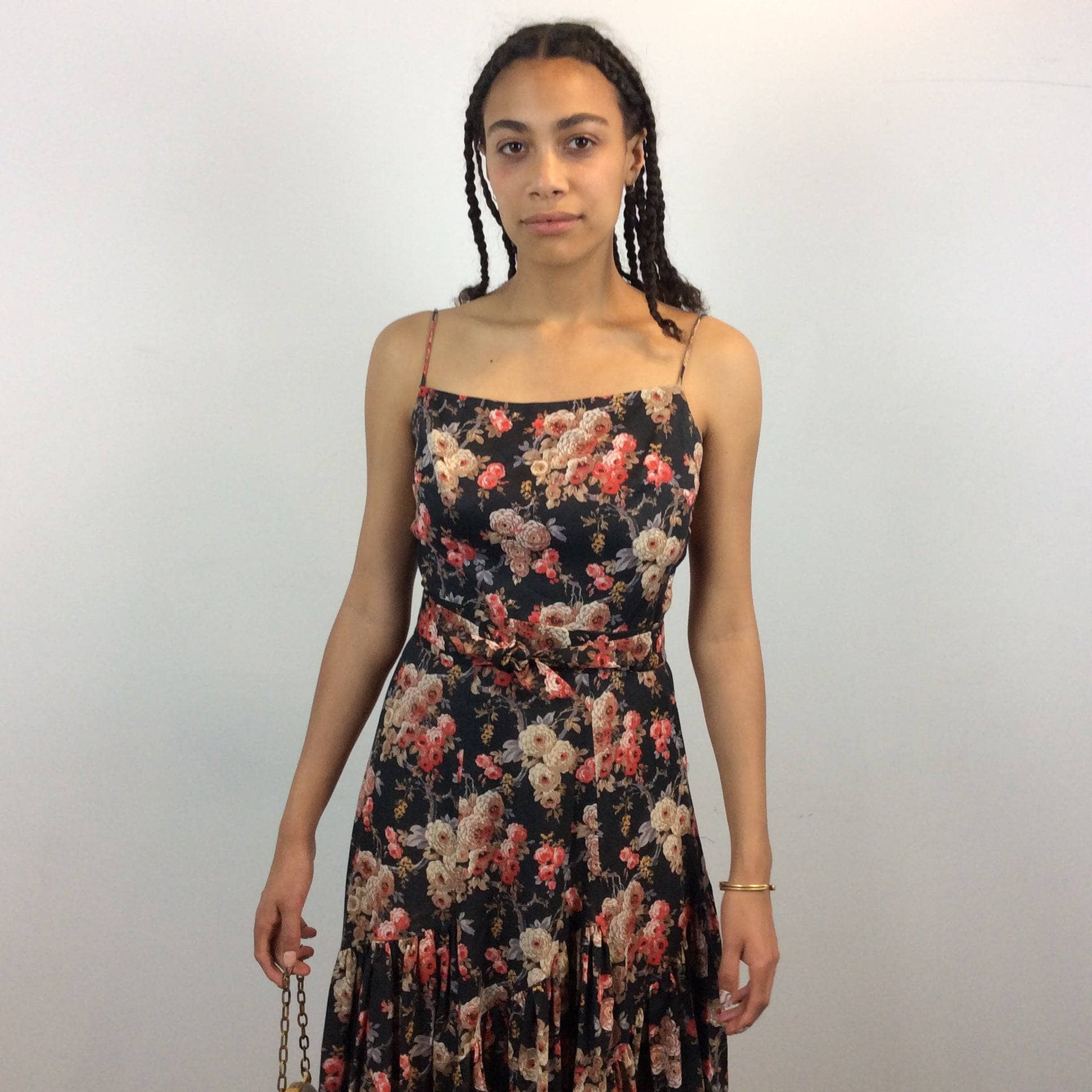 1970s Jean Jourdan Paris Floral Ruffle Midi Dress S - Image 3