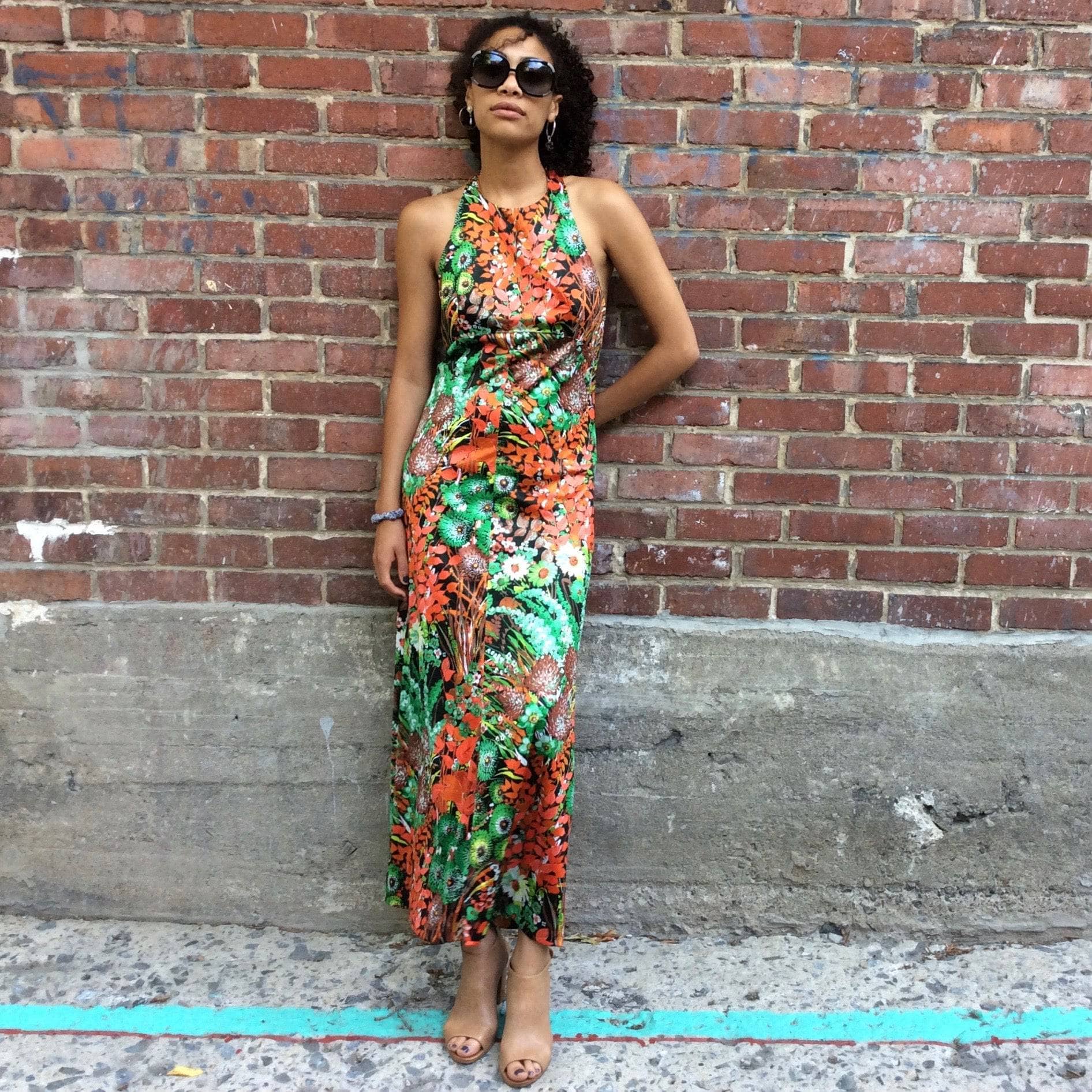 1970s Flower Print Halter Top Maxi Dress Small/Medium - Image 3