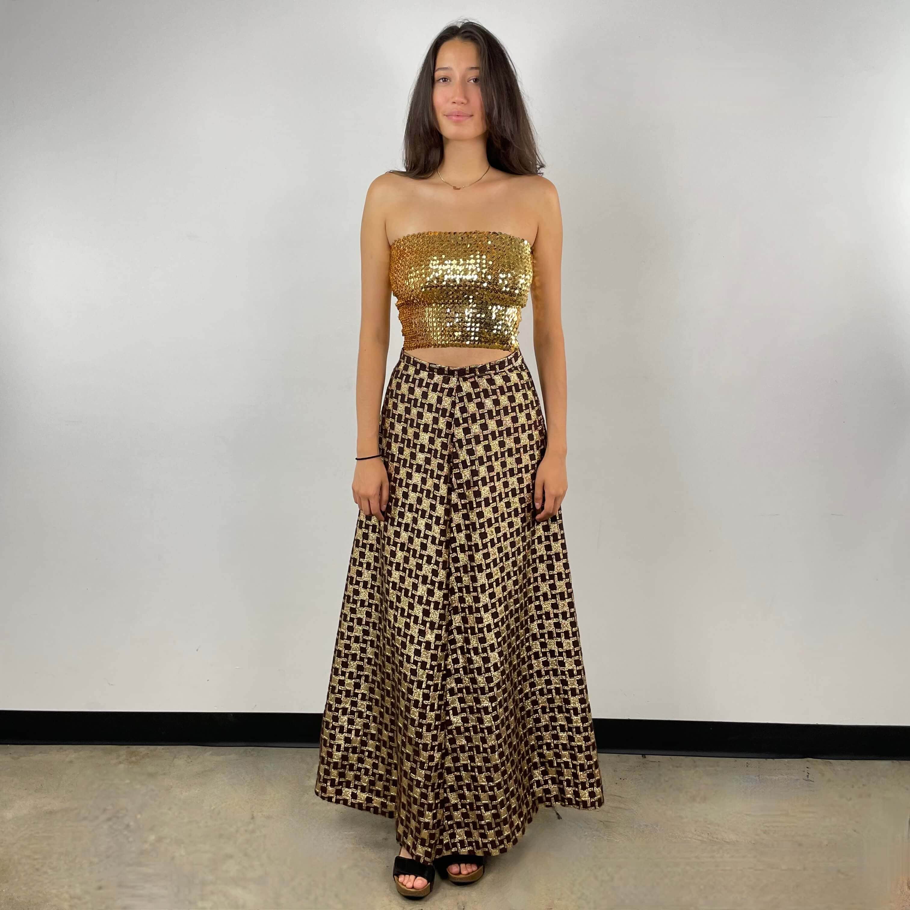 1970s Gold Brocade Flared Maxi Skirt Small / Medium