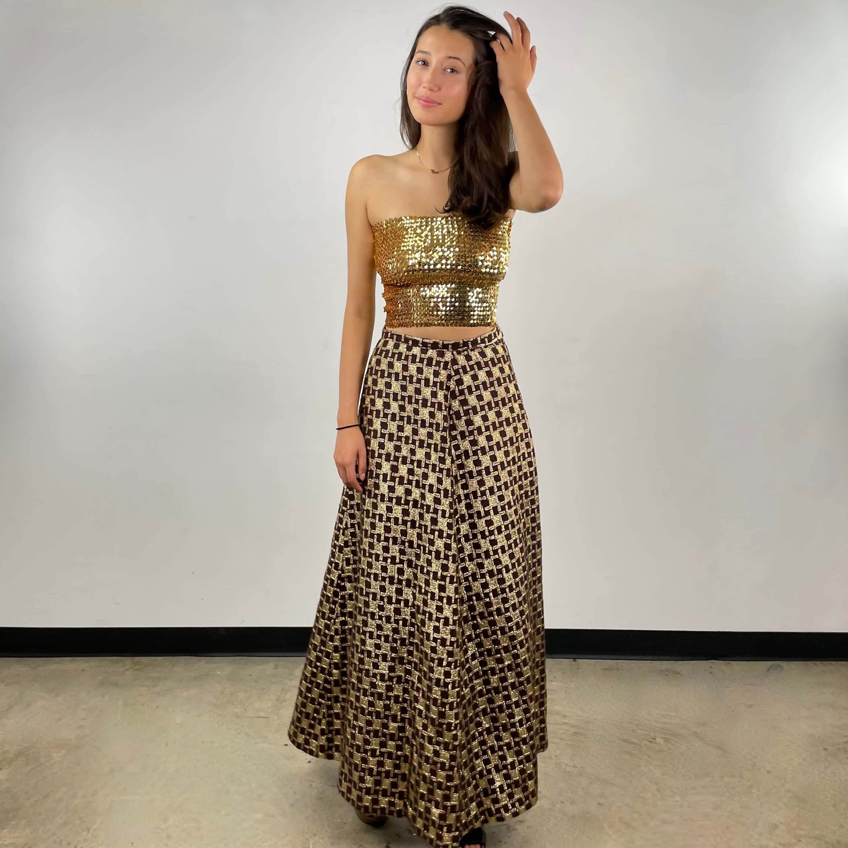 1970s Gold Brocade Flared Maxi Skirt Small / Medium - Image 5
