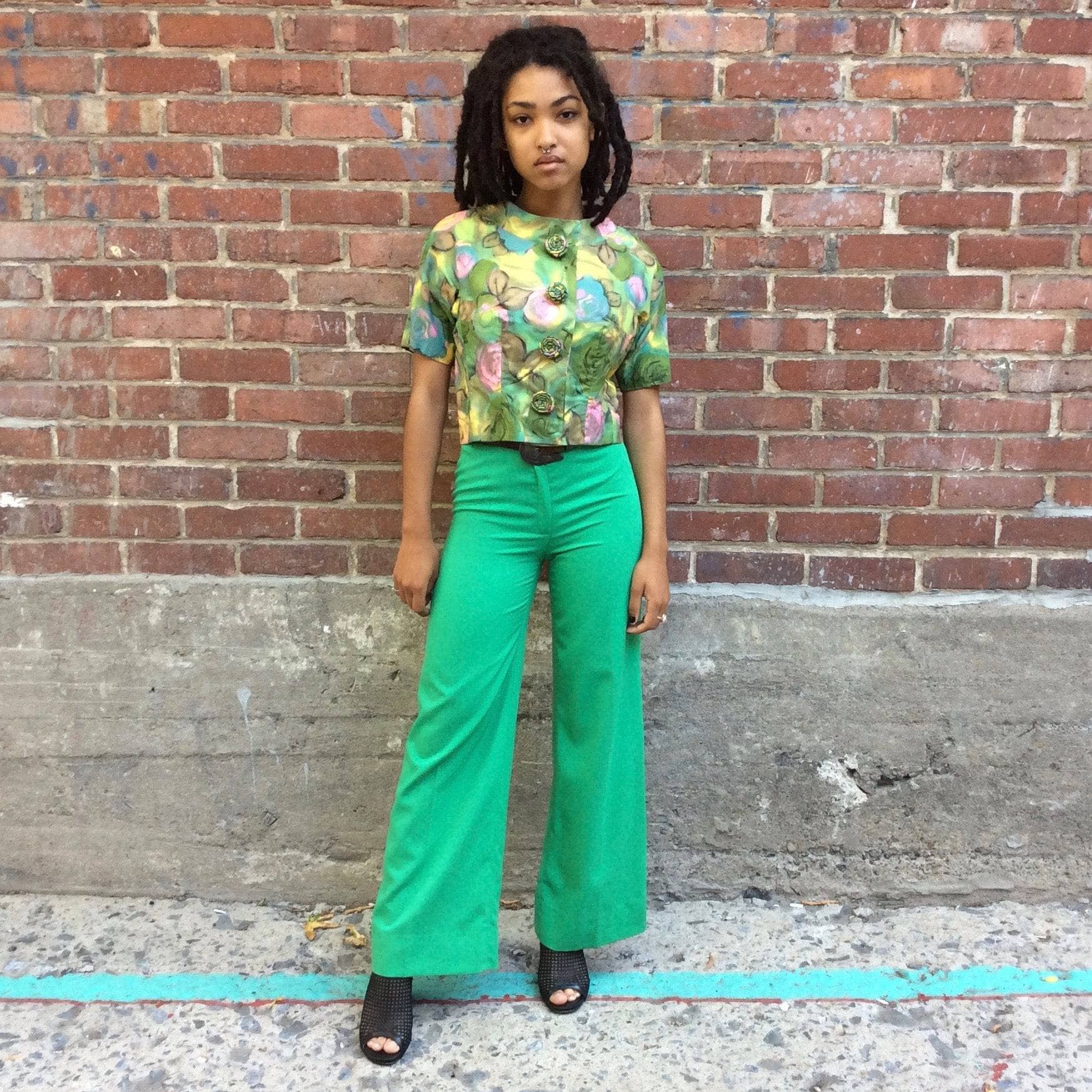 1970s Green High Waisted Flared Pants Extra-small/Small