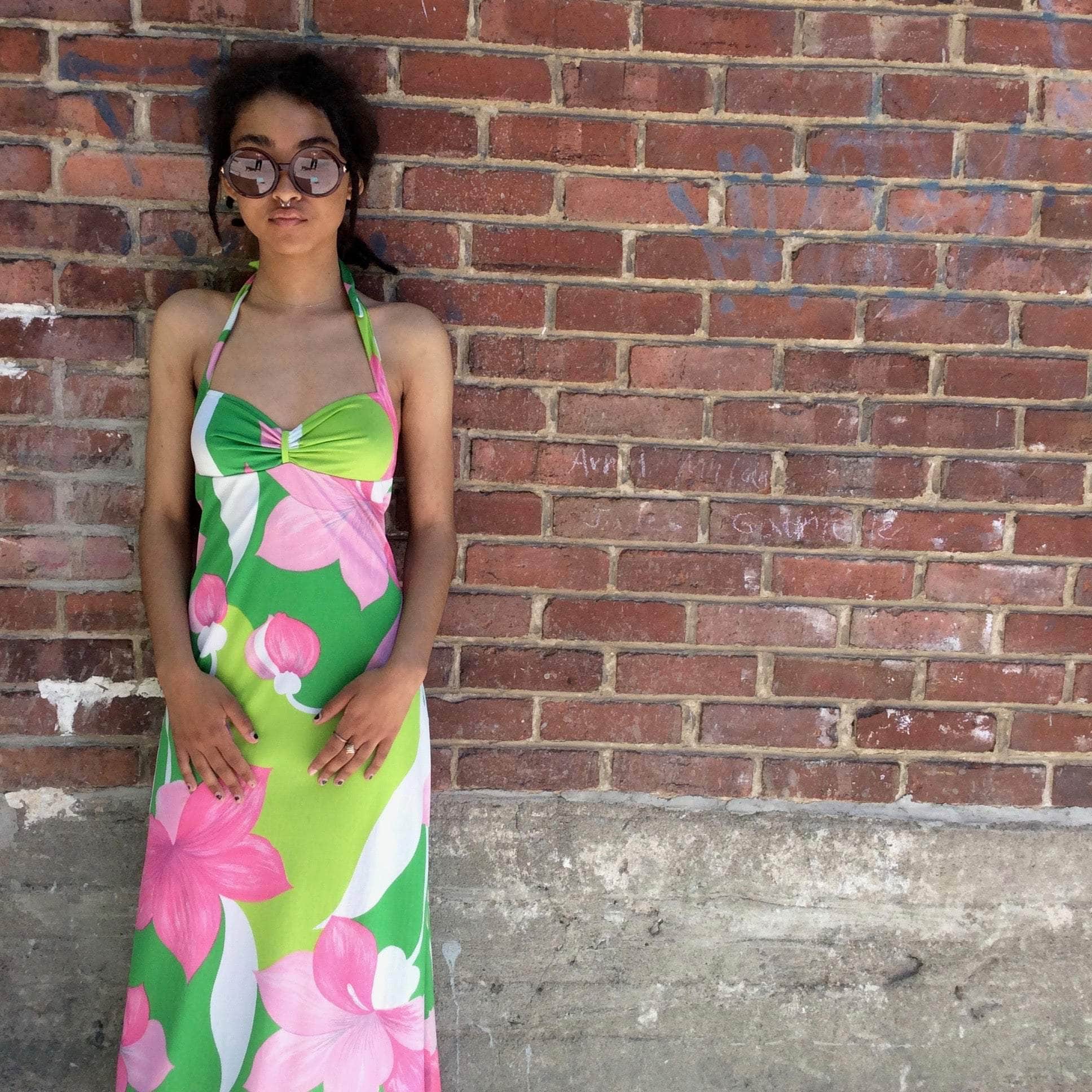 1970s Halter Top A Line Bold Print Maxi Dress Small - Image 2