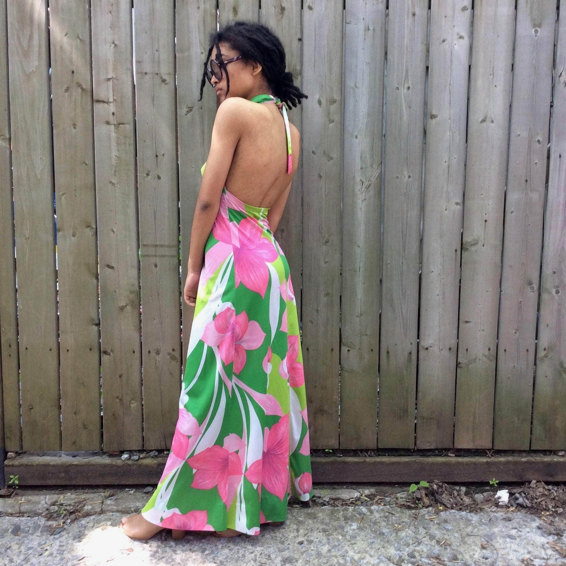 1970s Halter Top A Line Bold Print Maxi Dress Small - Image 3