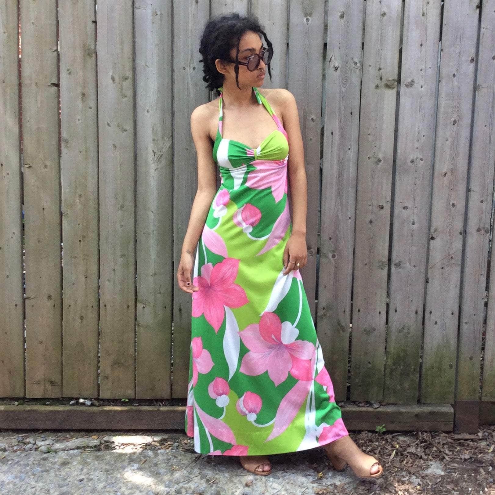 1970s Halter Top A Line Bold Print Maxi Dress Small - Image 4
