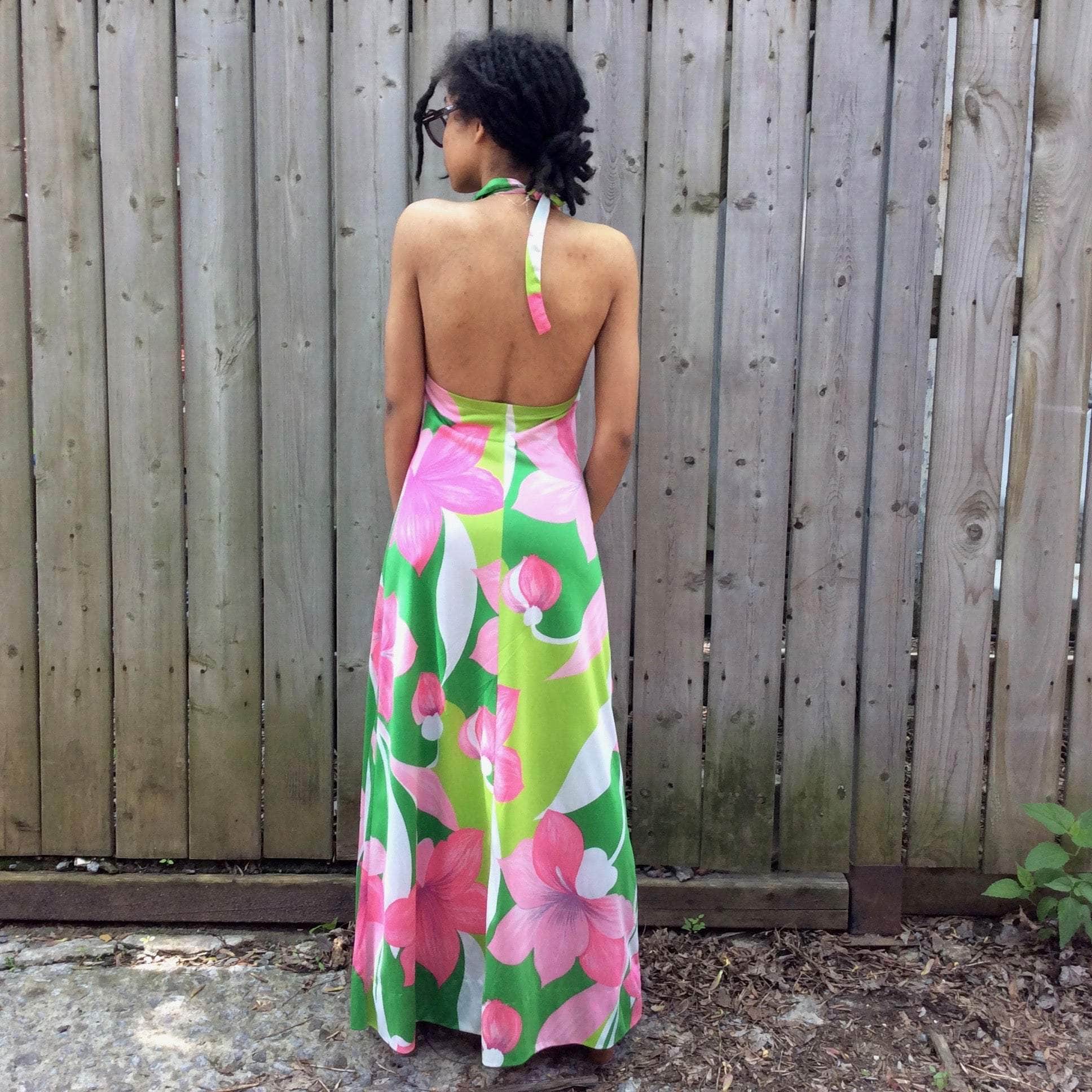 1970s Halter Top A Line Bold Print Maxi Dress Small - Image 6