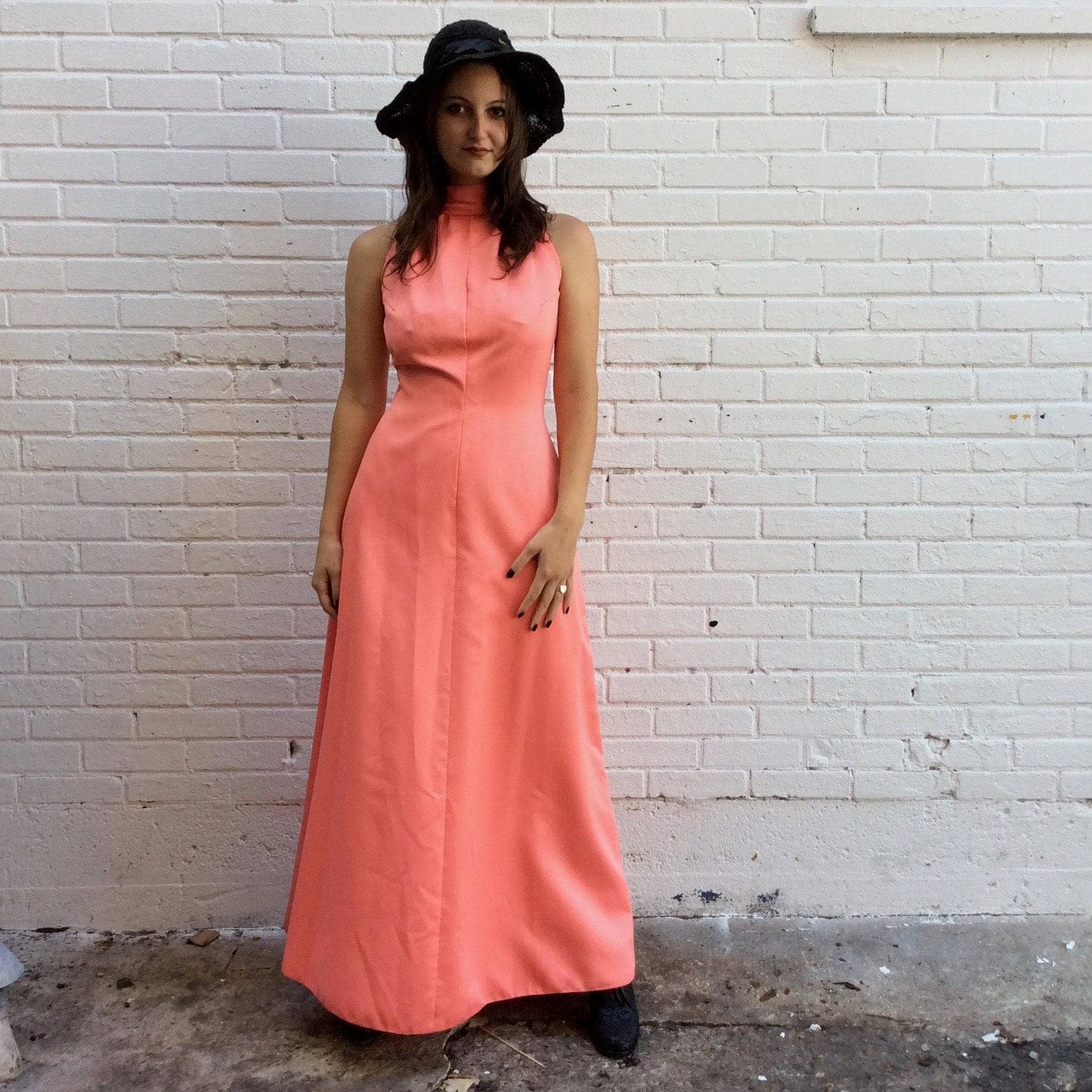 1970s Handmade Coral Pink Floor-Length Sleeveless Gown S/M