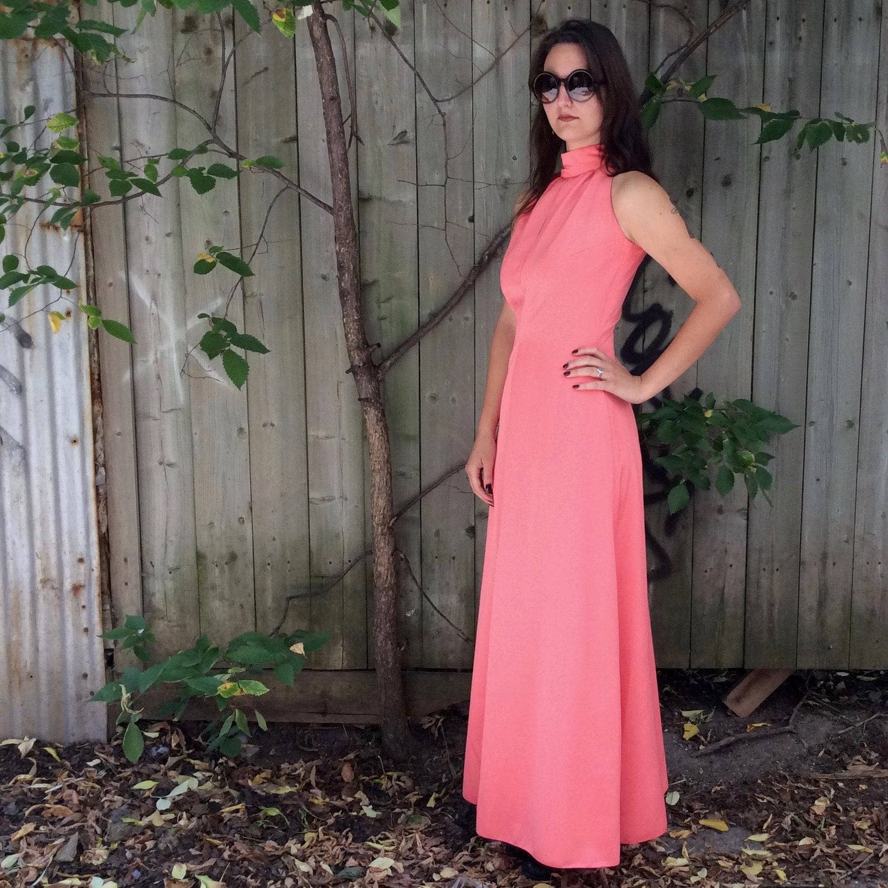 1970s Handmade Coral Pink Floor-Length Sleeveless Gown S/M - Image 3