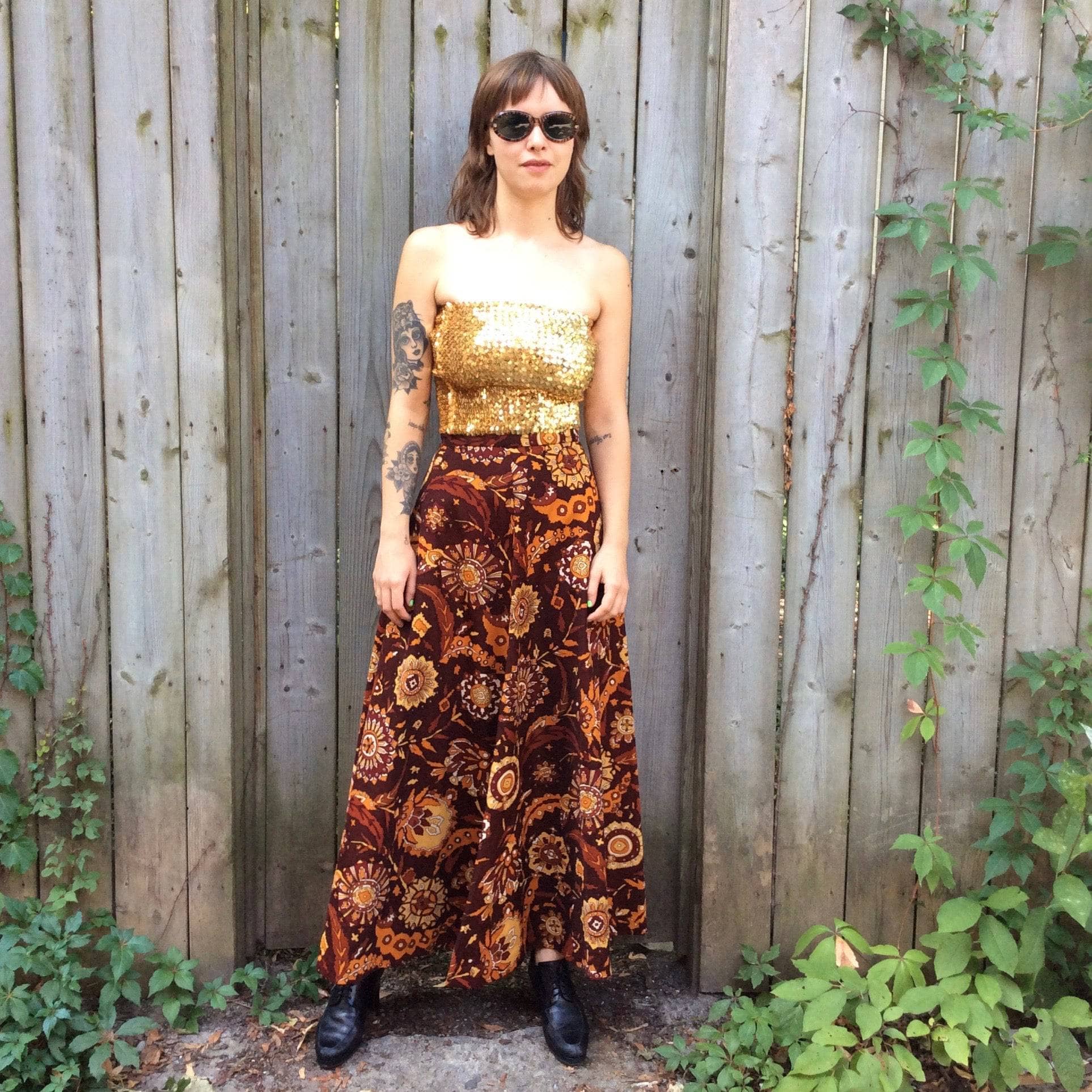 1970s High Waisted Bold Pattern Maxi Skirt Small