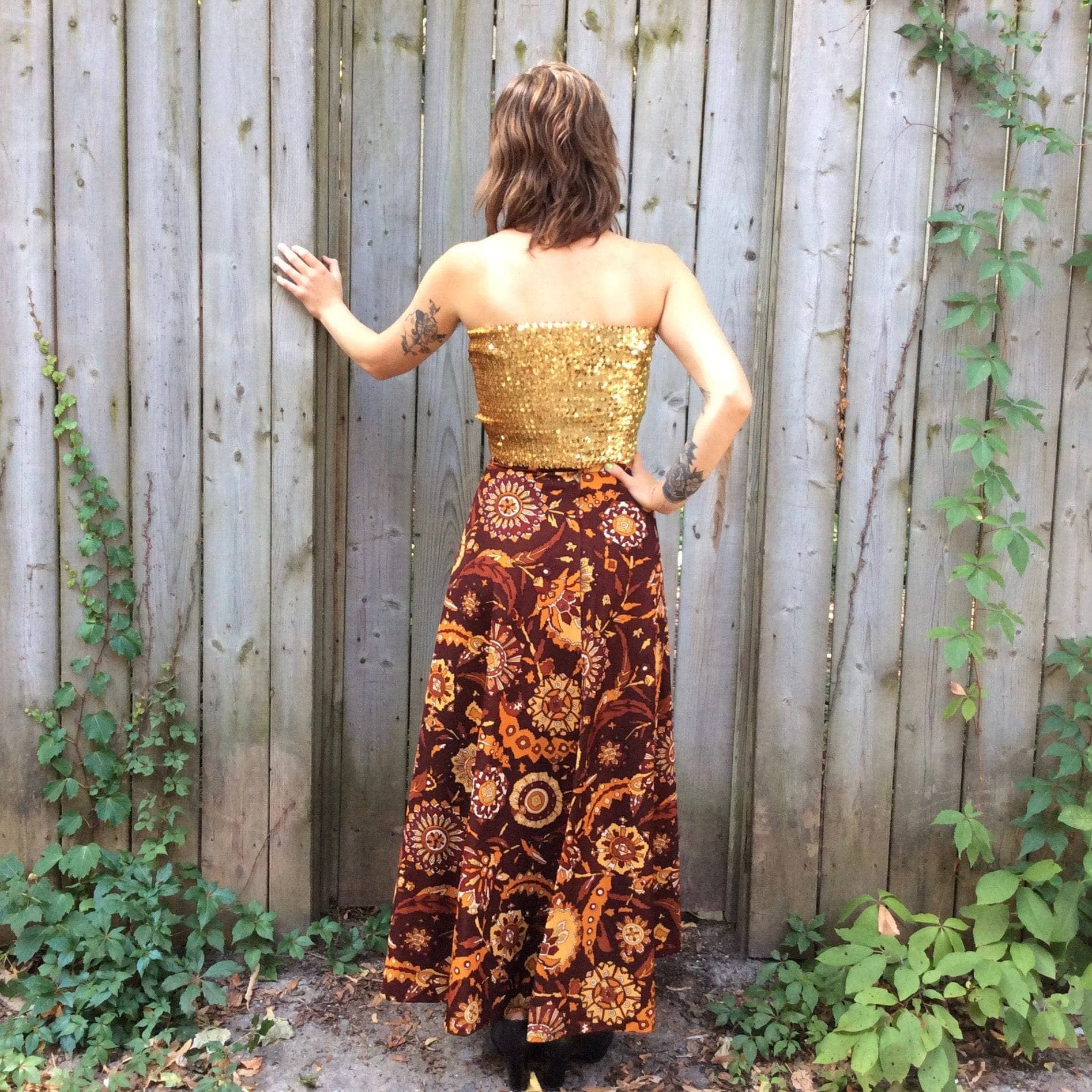 1970s High Waisted Bold Pattern Maxi Skirt Small - Image 2