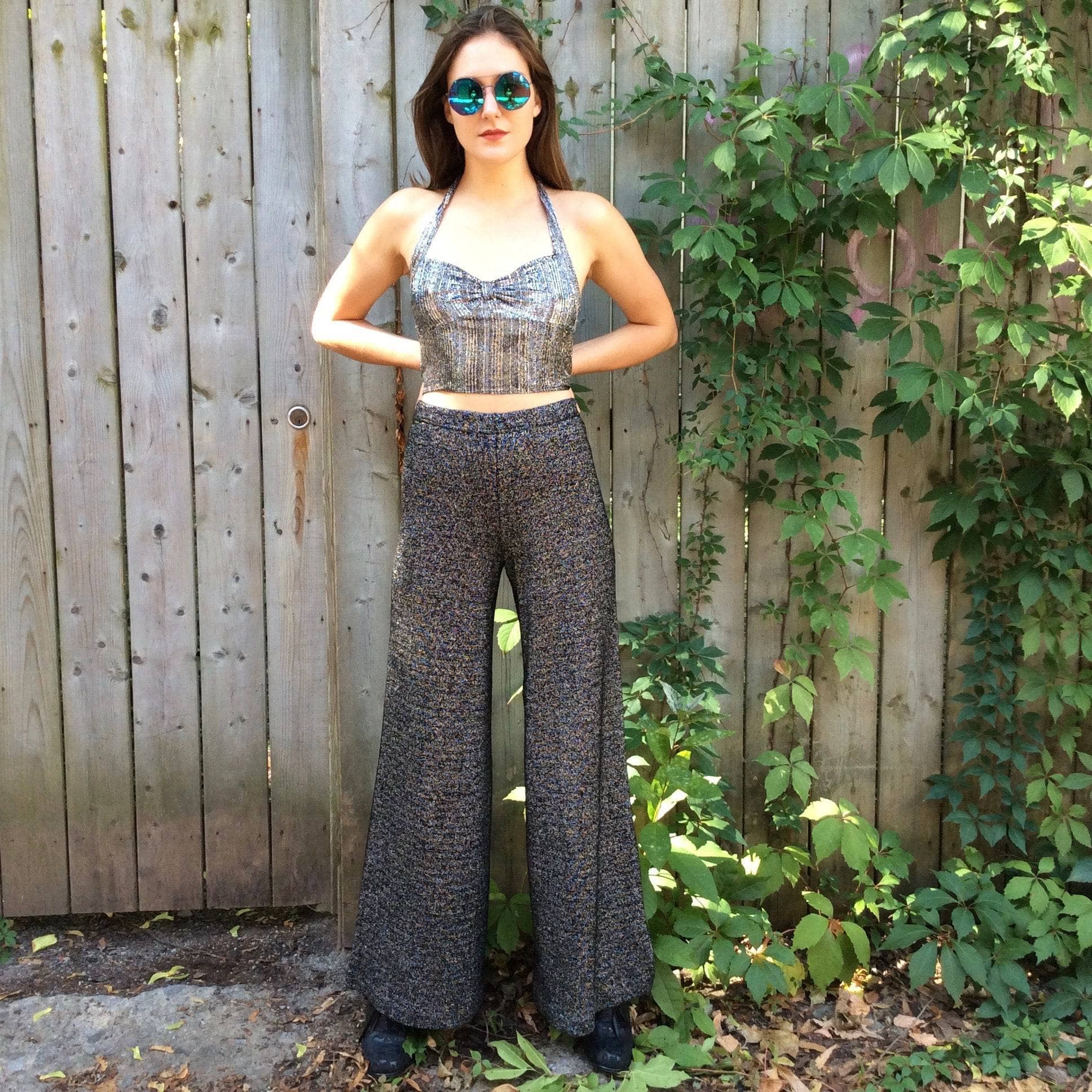 1970s High Waisted Silver Knit Wide-leg Pants S/M - Image 3