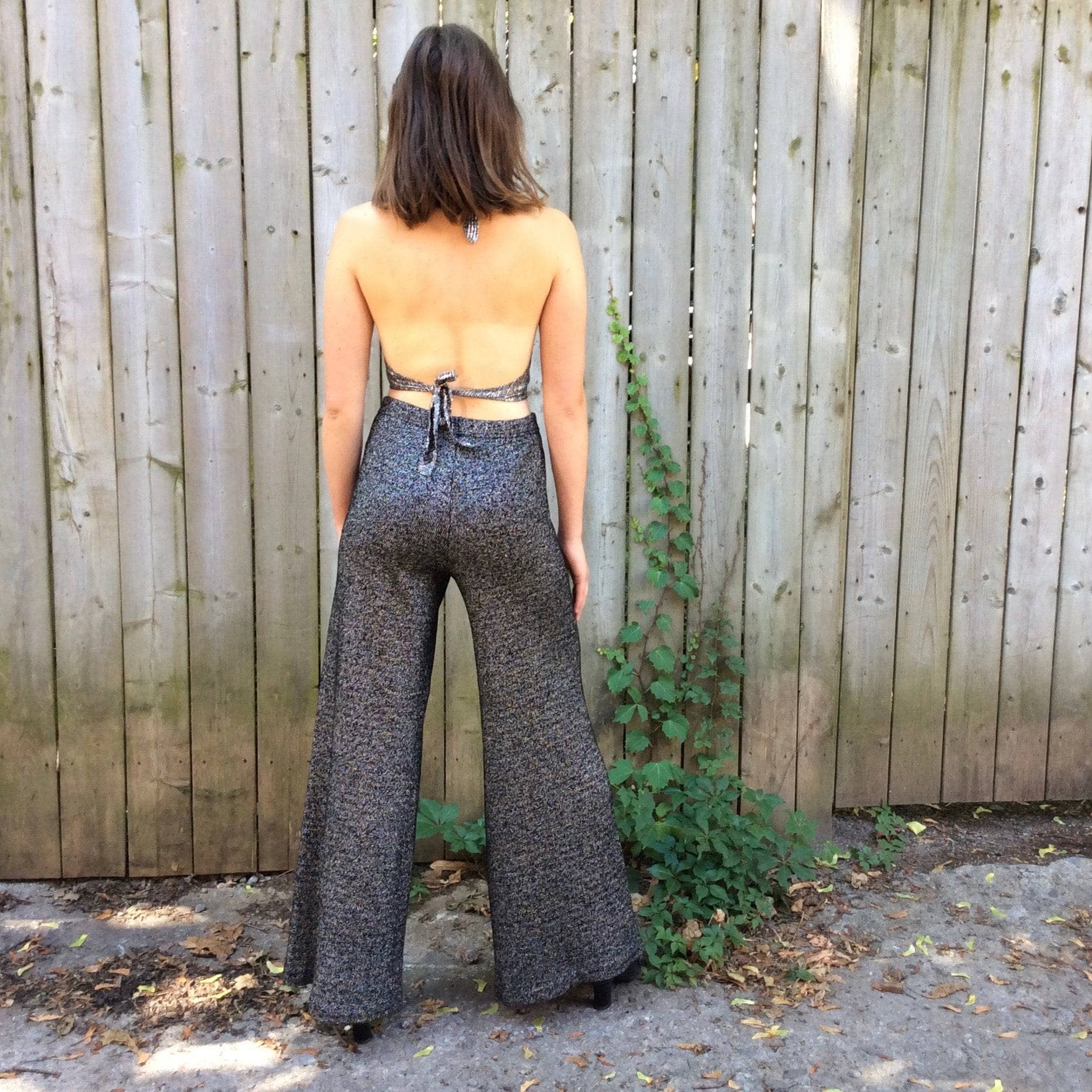 1970s High Waisted Silver Knit Wide-leg Pants S/M - Image 5