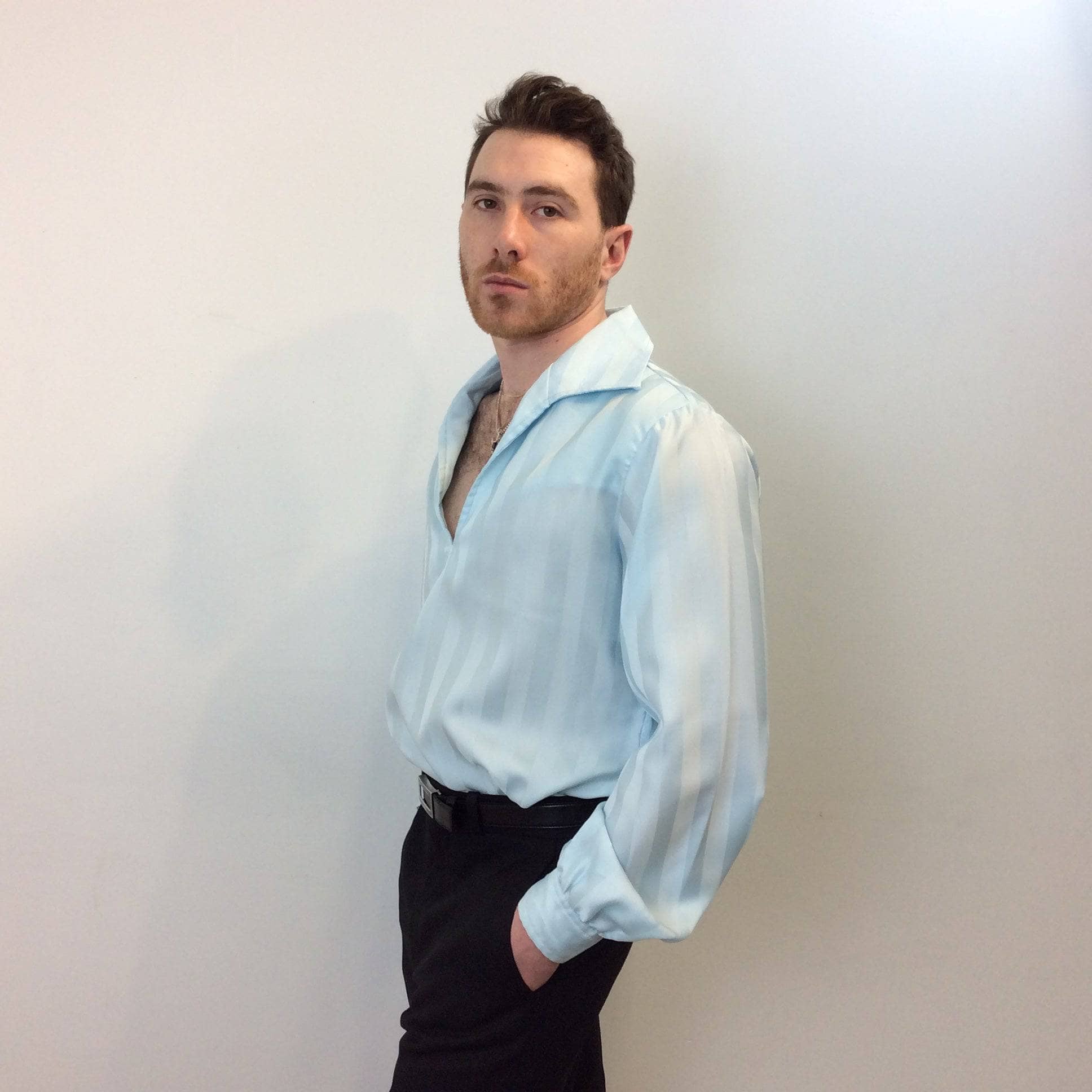 1970s Light Blue Popover Disco Men's Shirt Medium - Image 3