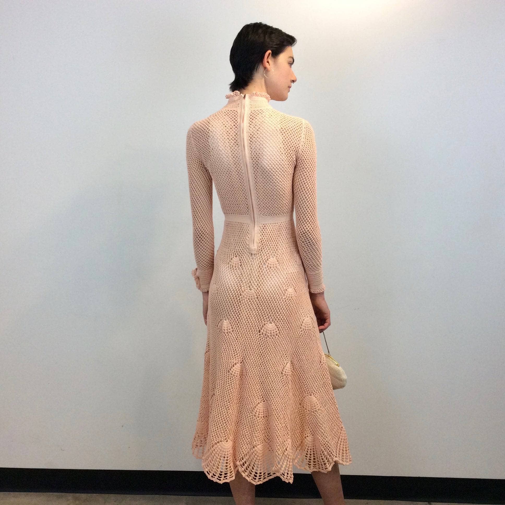 1970s Long Sleeve Crochet Mesh Midi Dress Small - Image 3