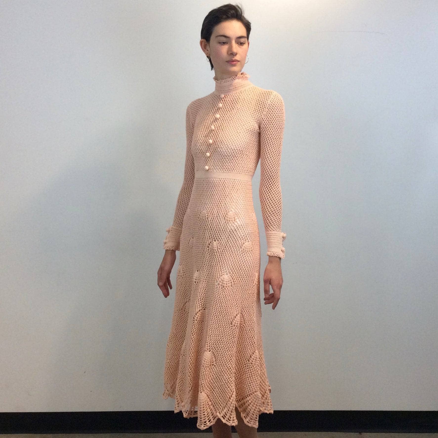 1970s Long Sleeve Crochet Mesh Midi Dress Small - Image 4