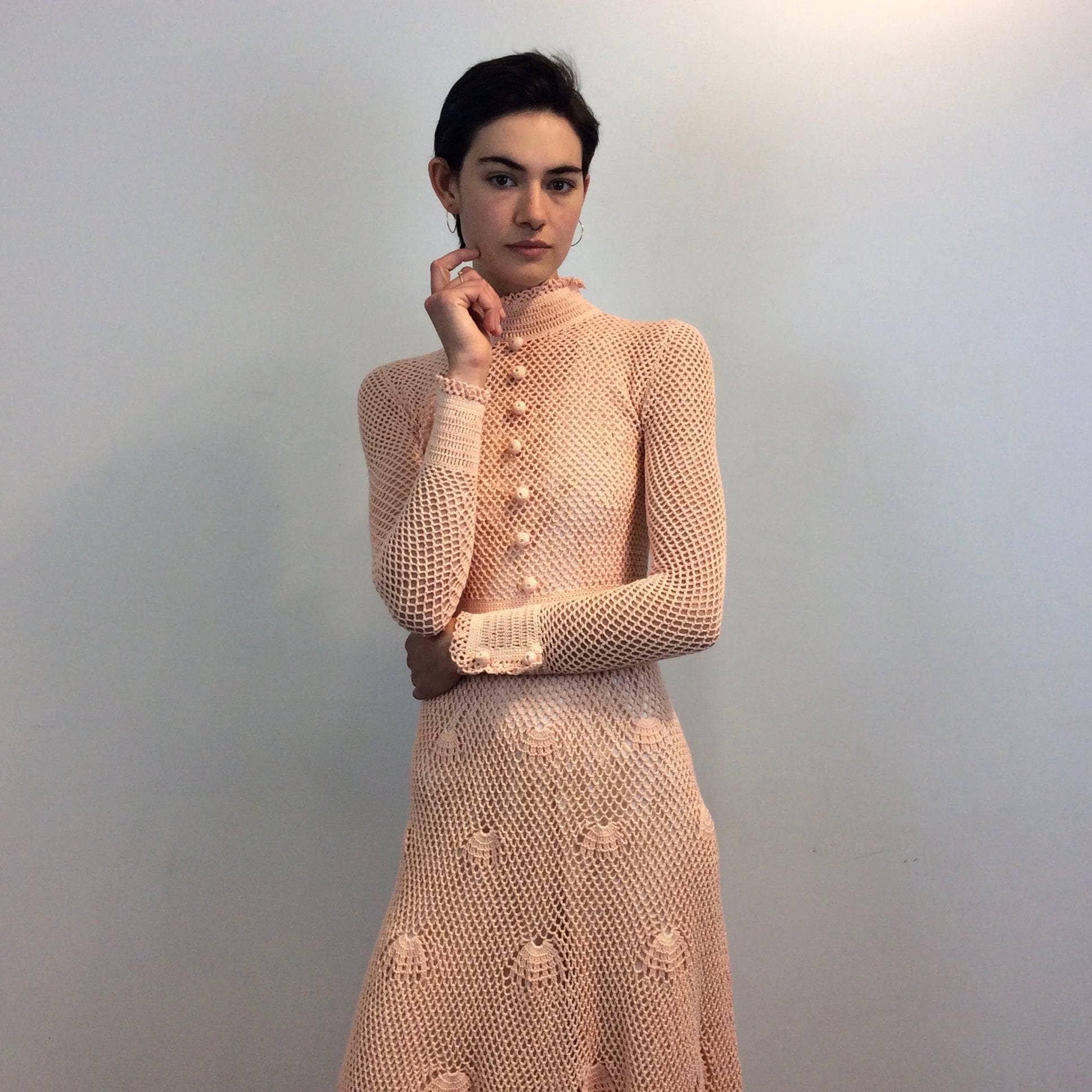 1970s Long Sleeve Crochet Mesh Midi Dress Small - Image 5