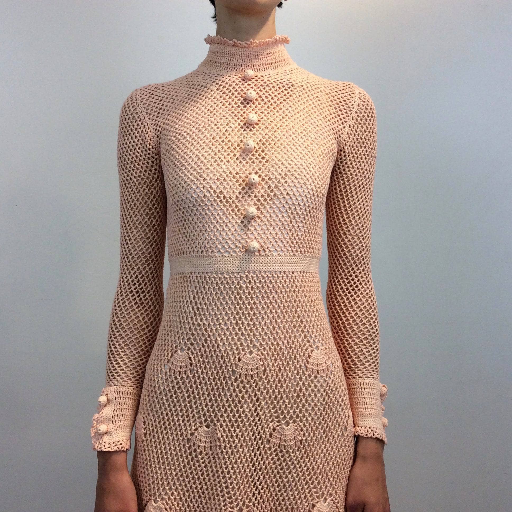 1970s Long Sleeve Crochet Mesh Midi Dress Small - Image 6