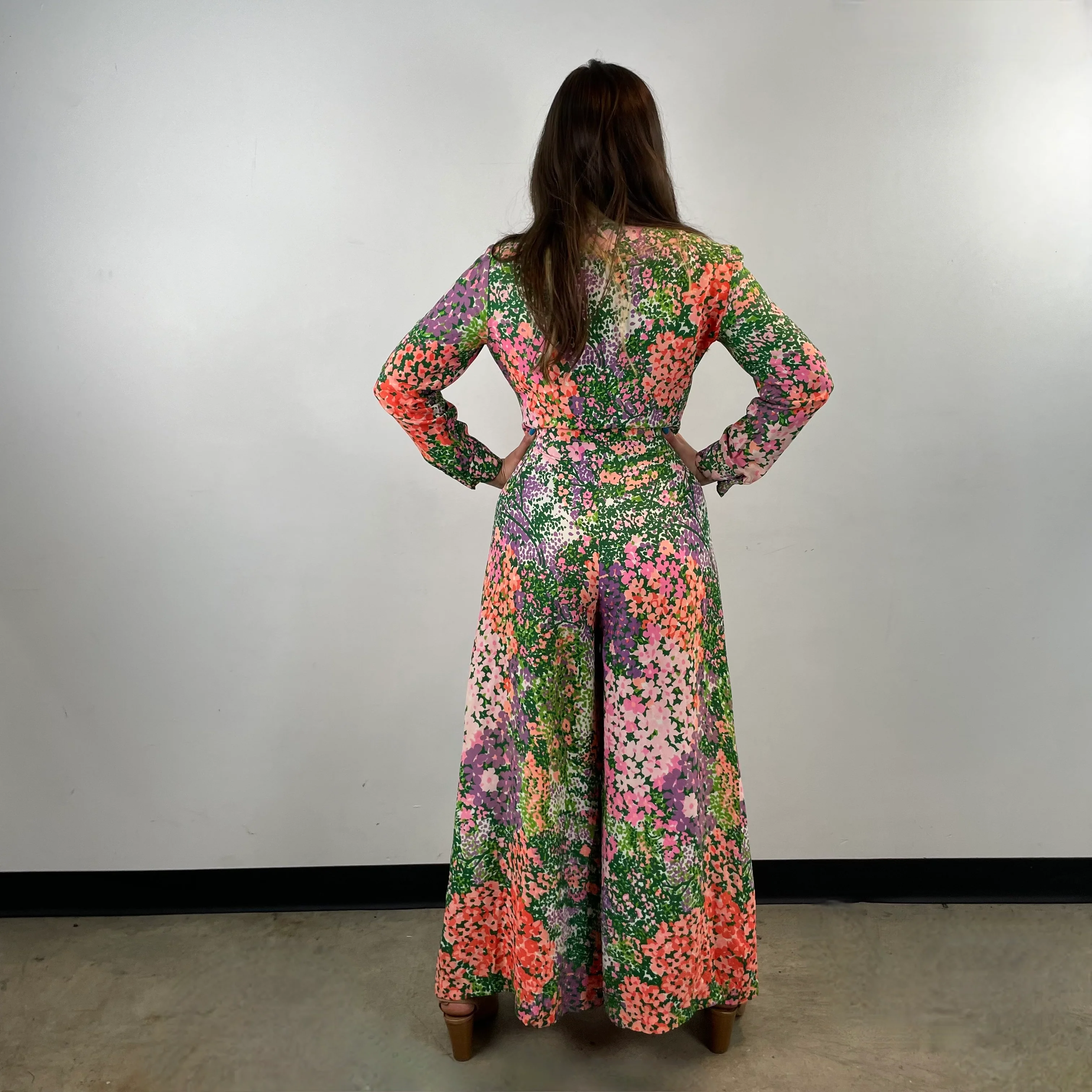 1970s Long Sleeve Floral Wide Leg Fitted Jumpsuit Small/Medium - Image 3