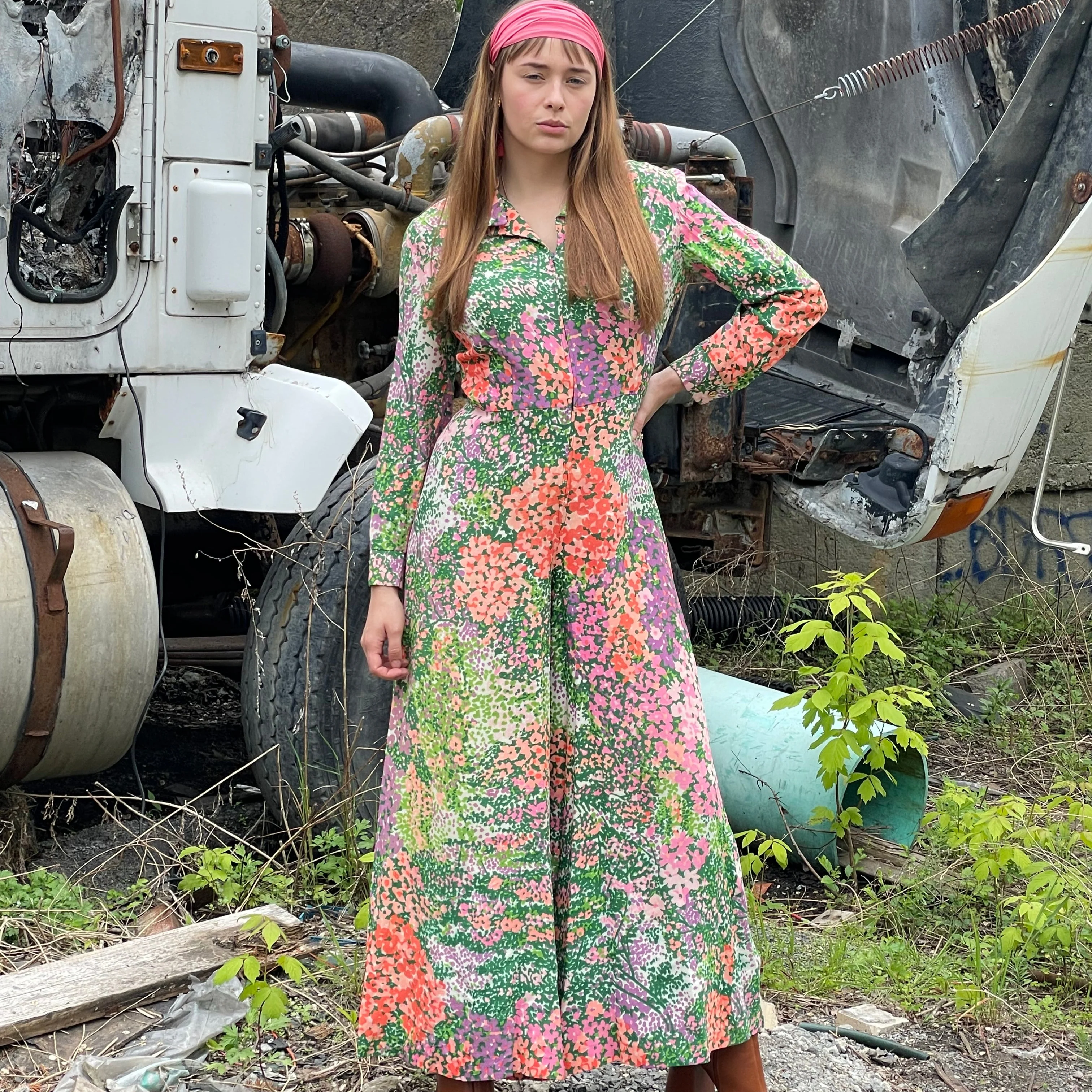 1970s Long Sleeve Floral Wide Leg Fitted Jumpsuit Small/Medium - Image 4