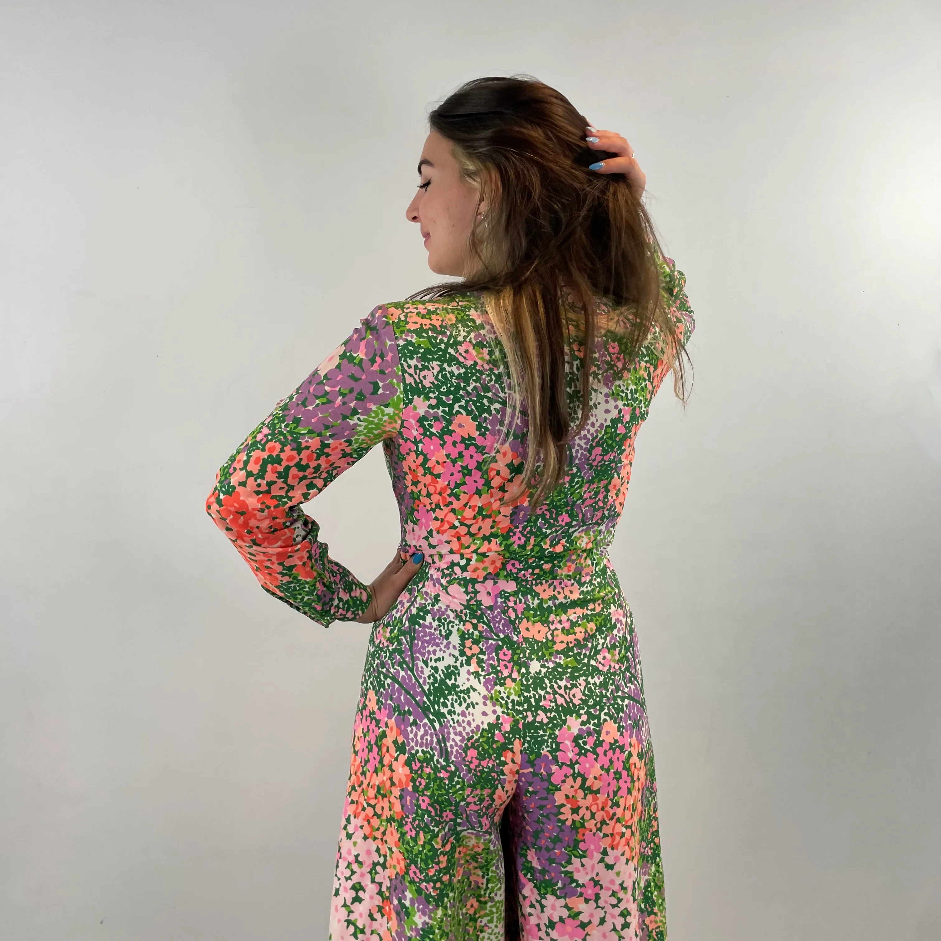 1970s Long Sleeve Floral Wide Leg Fitted Jumpsuit Small/Medium - Image 6