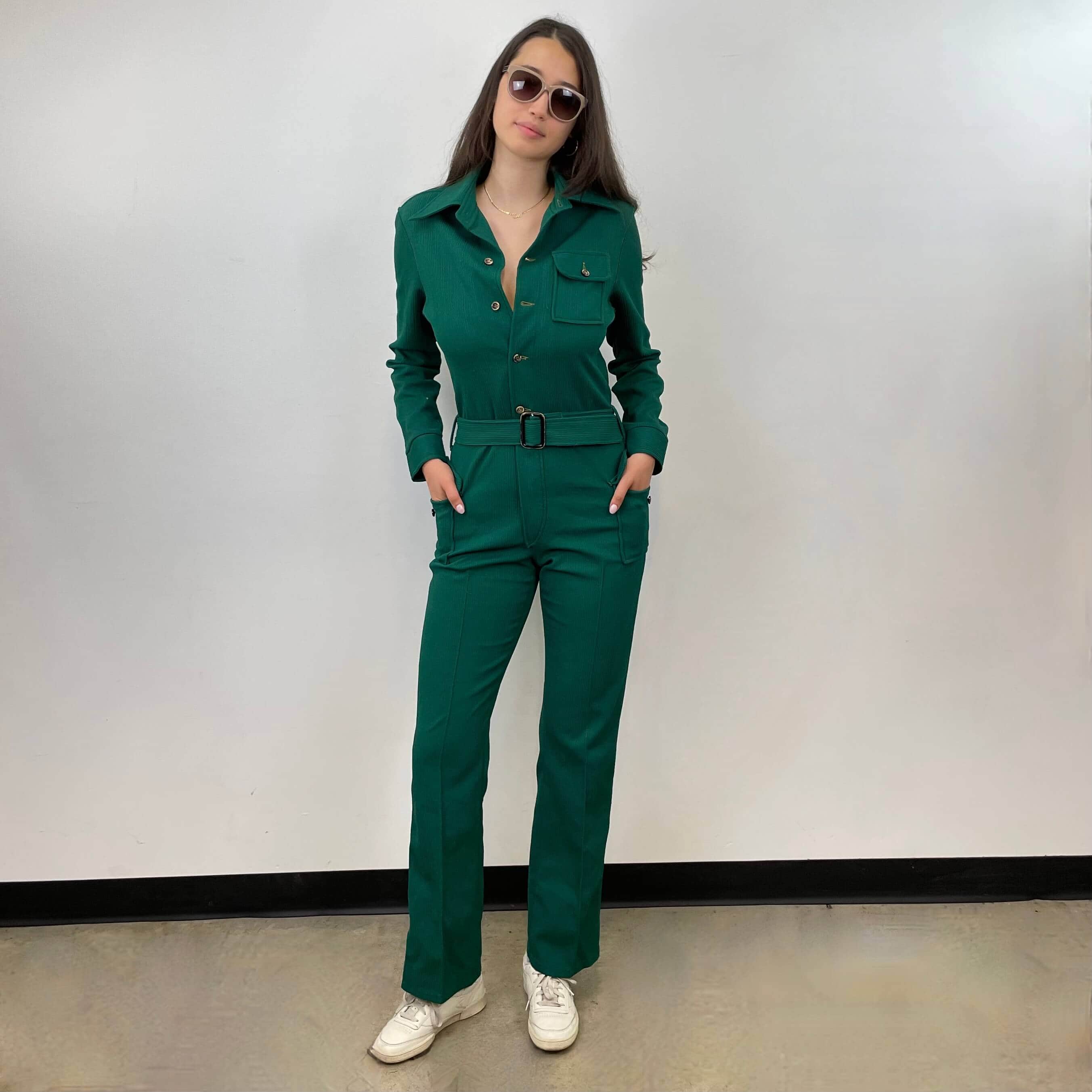 1970s Long Sleeve Green Jumpsuit Medium - Image 3