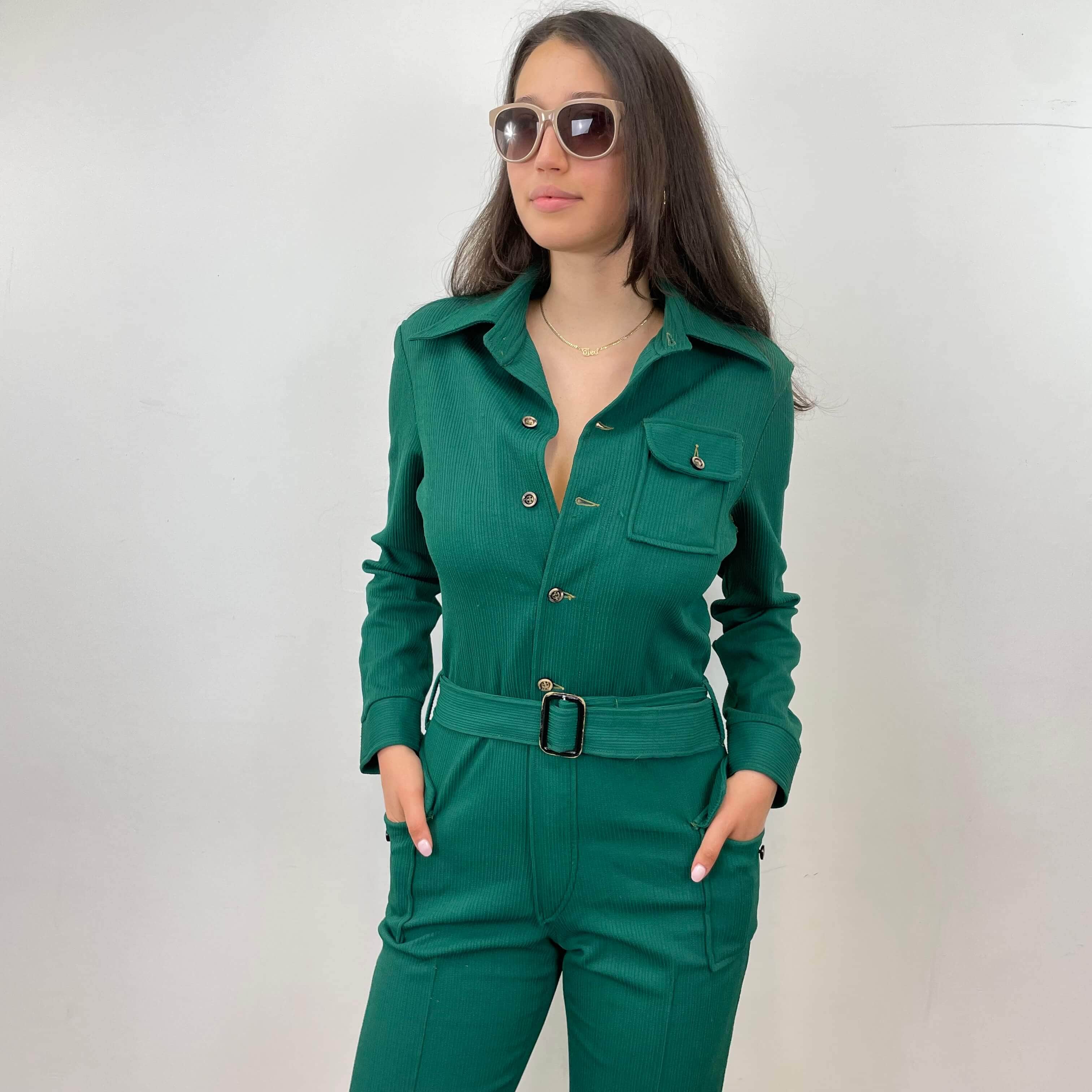 1970s Long Sleeve Green Jumpsuit Medium - Image 4