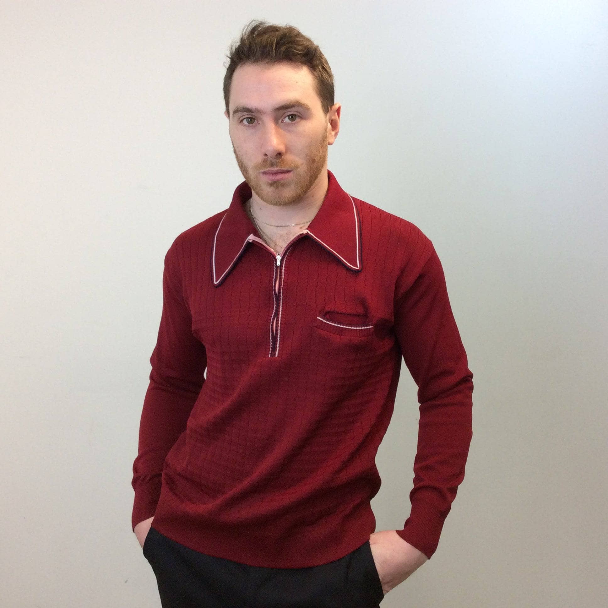 1970s Men's Burgundy Long Sleeve Knit Polo M - Image 3