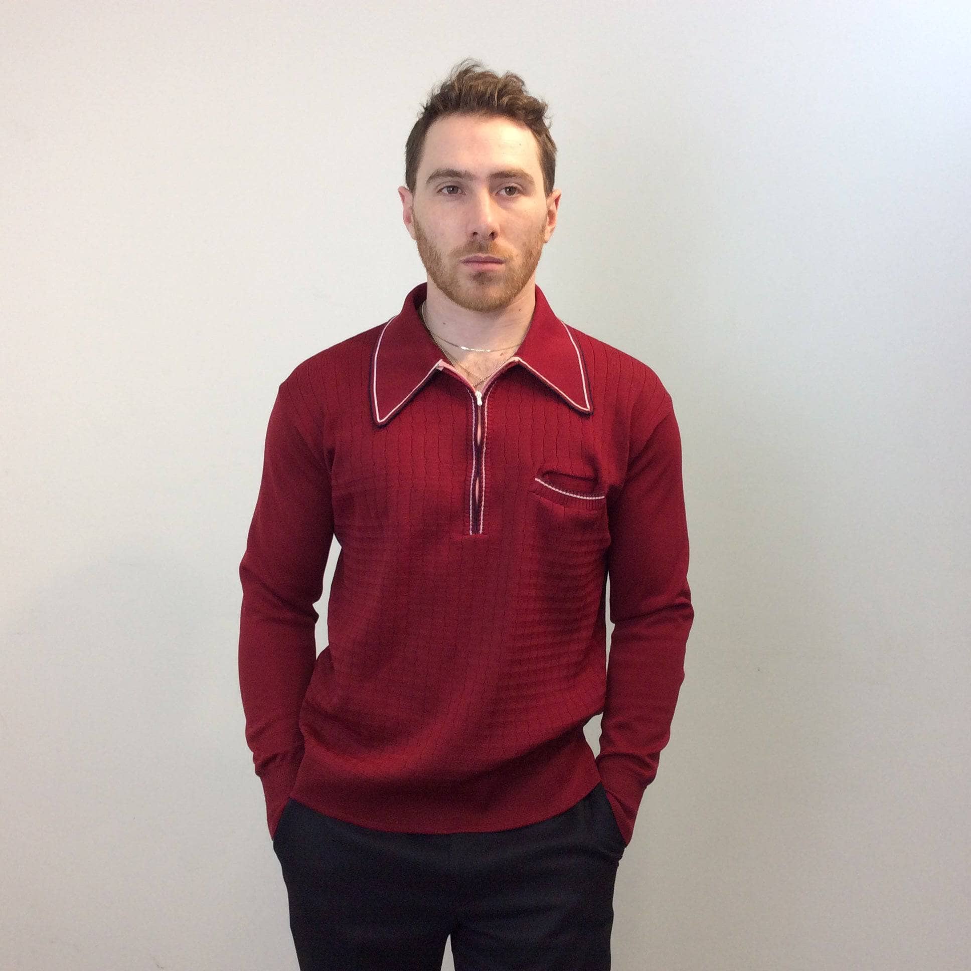 1970s Men's Burgundy Long Sleeve Knit Polo M - Image 4