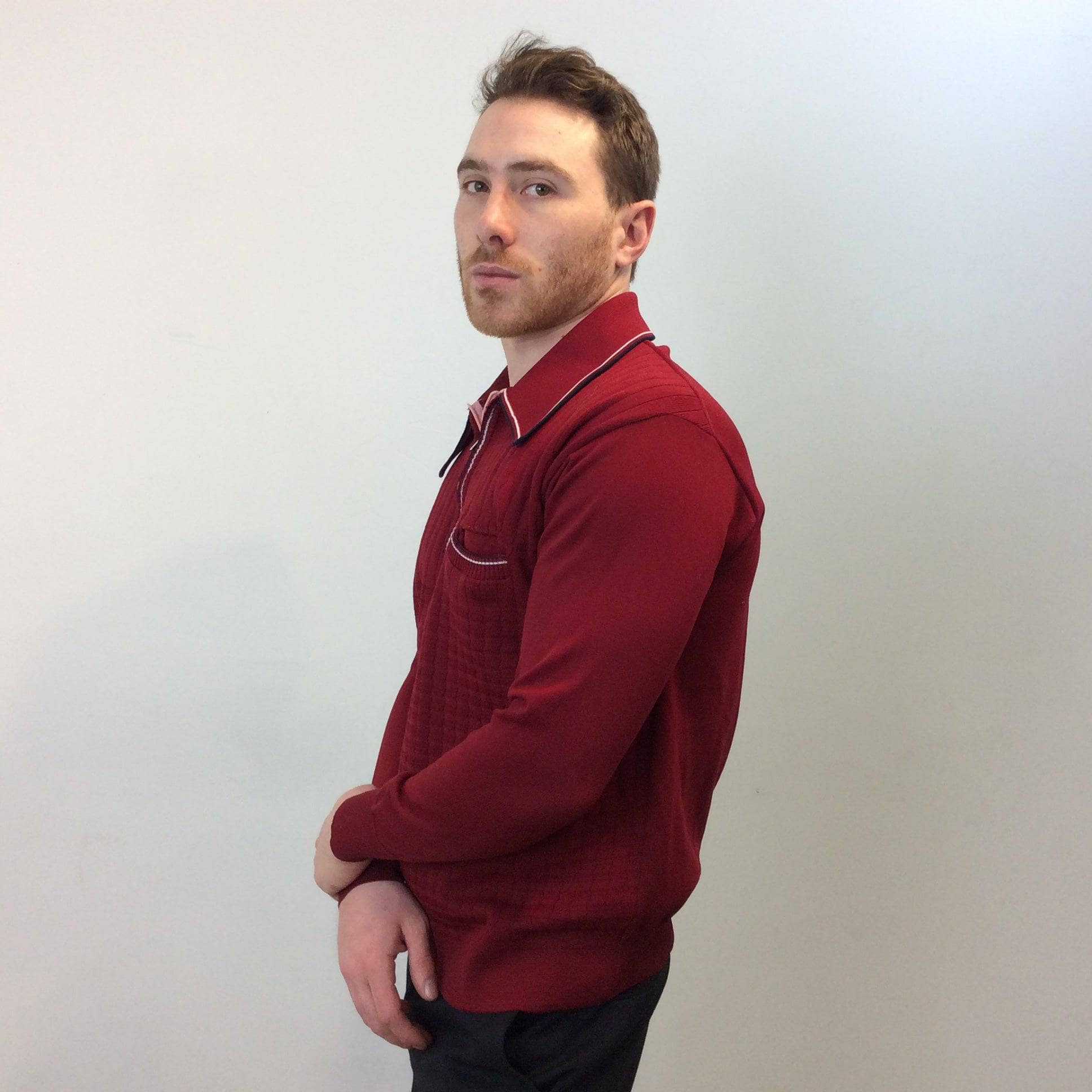 1970s Men's Burgundy Long Sleeve Knit Polo M - Image 5