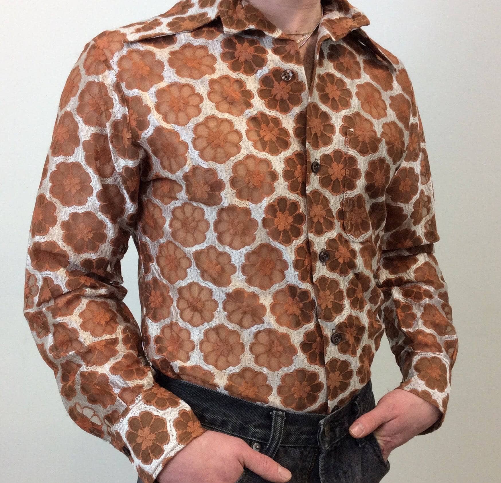 1970s Men's Dead stock See-Through Disco Shirt Medium - Image 3