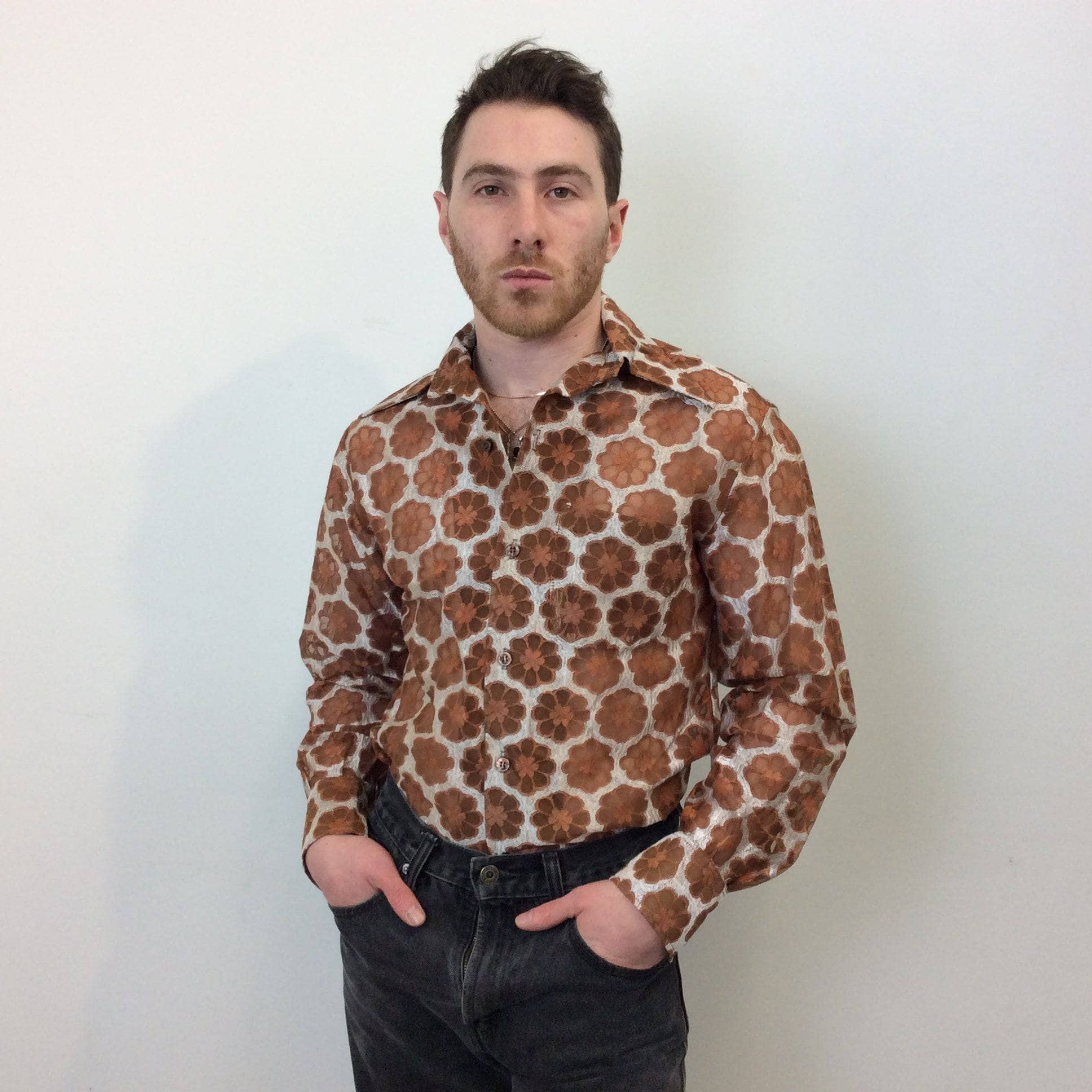 1970s Men's Dead stock See-Through Disco Shirt Medium - Image 7