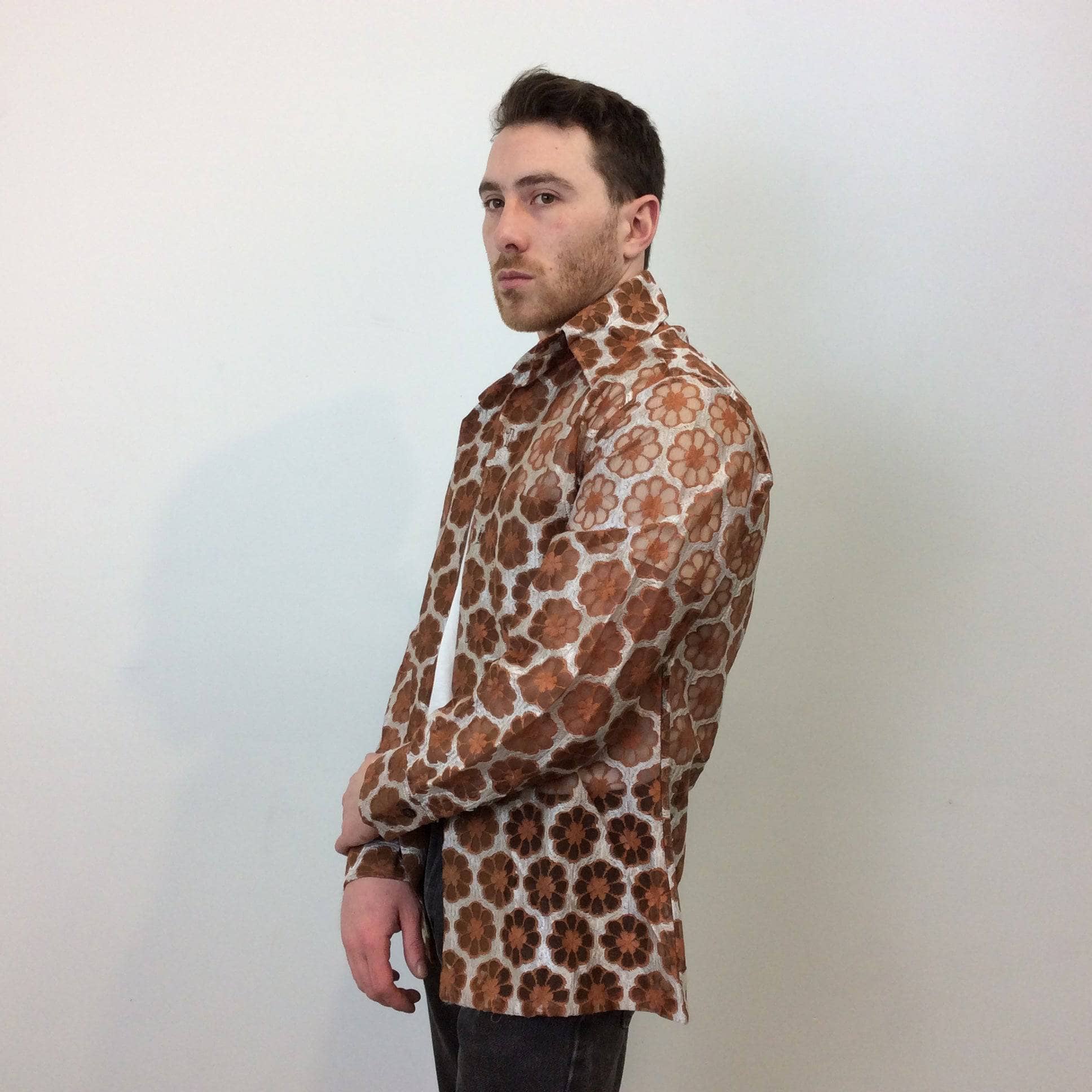 1970s Men's Dead stock See-Through Disco Shirt Medium - Image 8