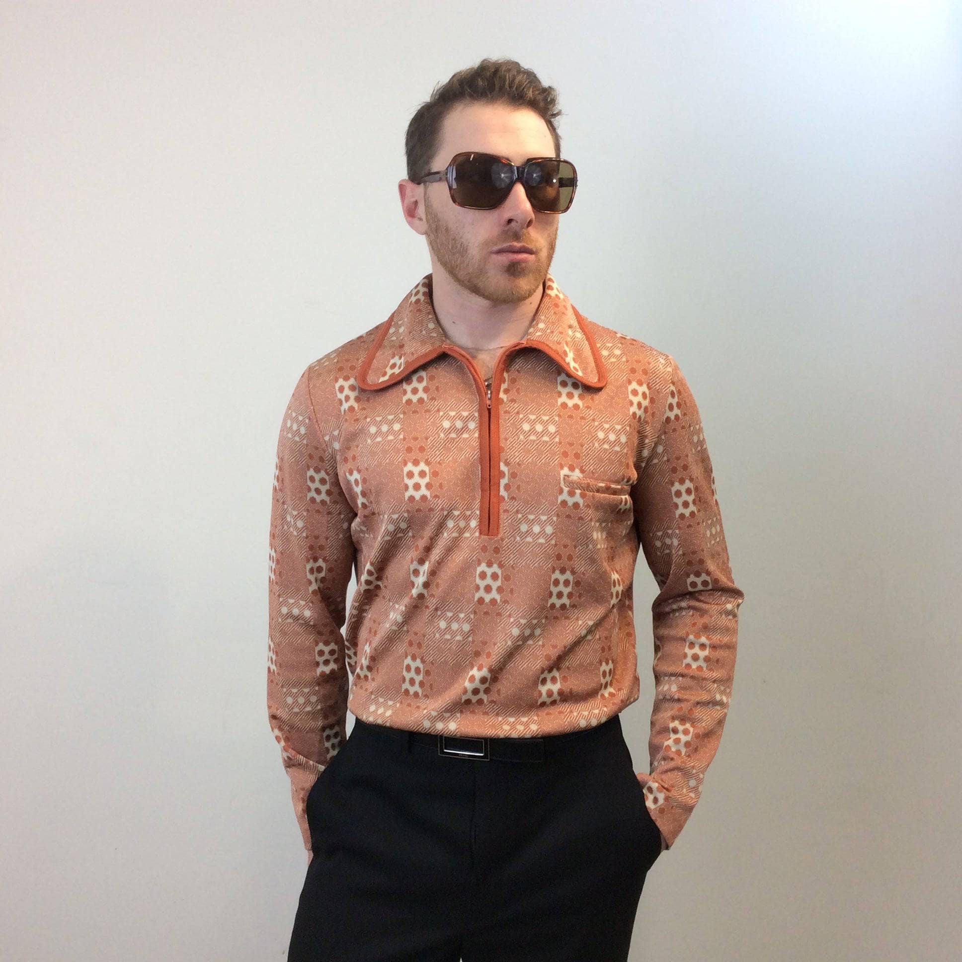 1970s Men's Long-Sleeve Zip-Up Polo Medium - Image 3