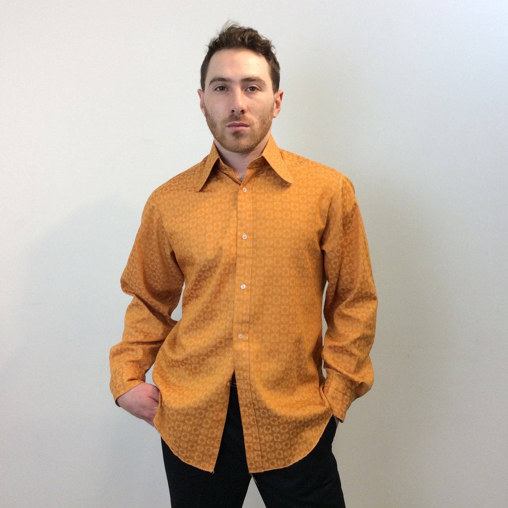 1970s Men's Orange Jacquard Shirt Medium - Image 3