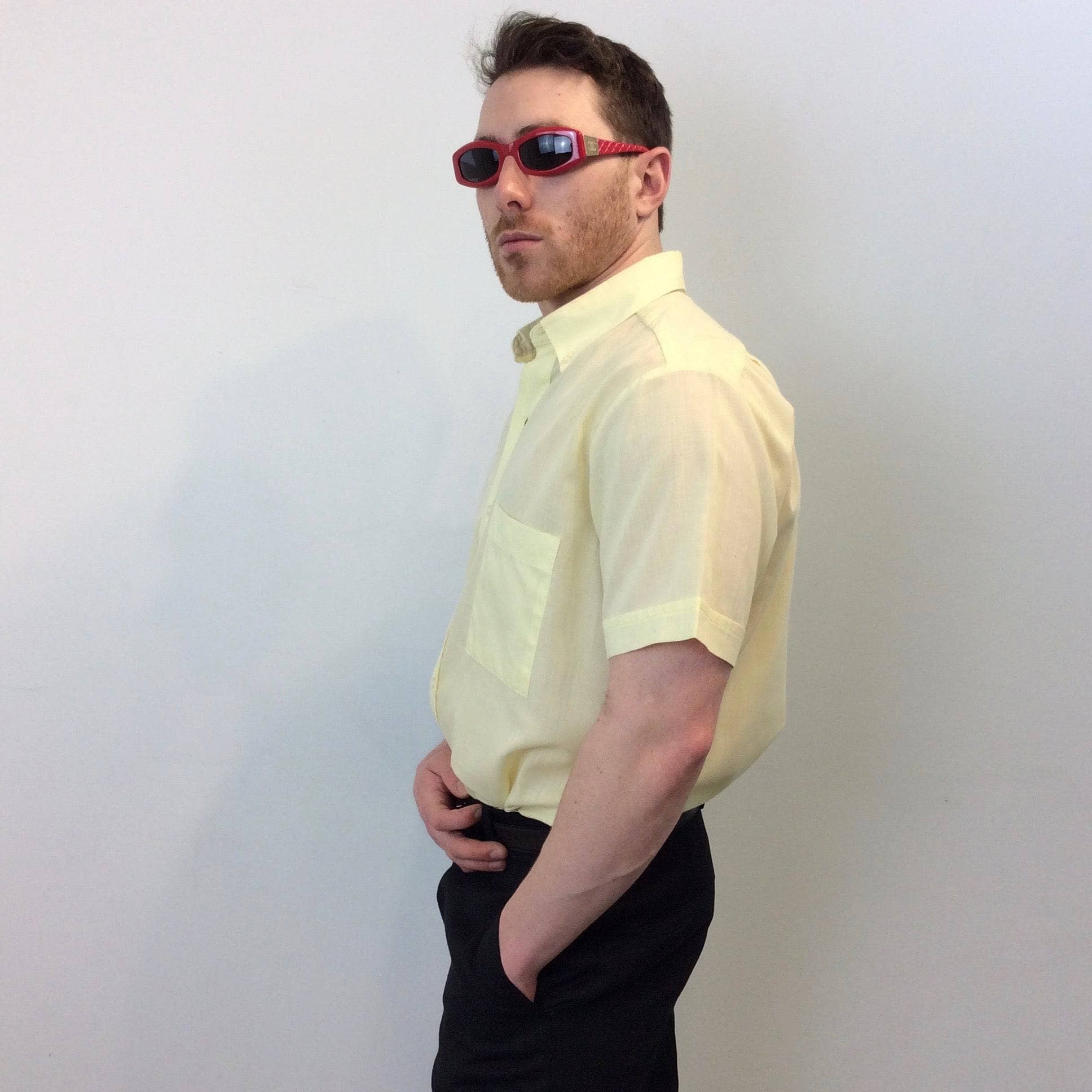 1970s  Men's Yellow Short-Sleeve Dress Shirt M - Image 3