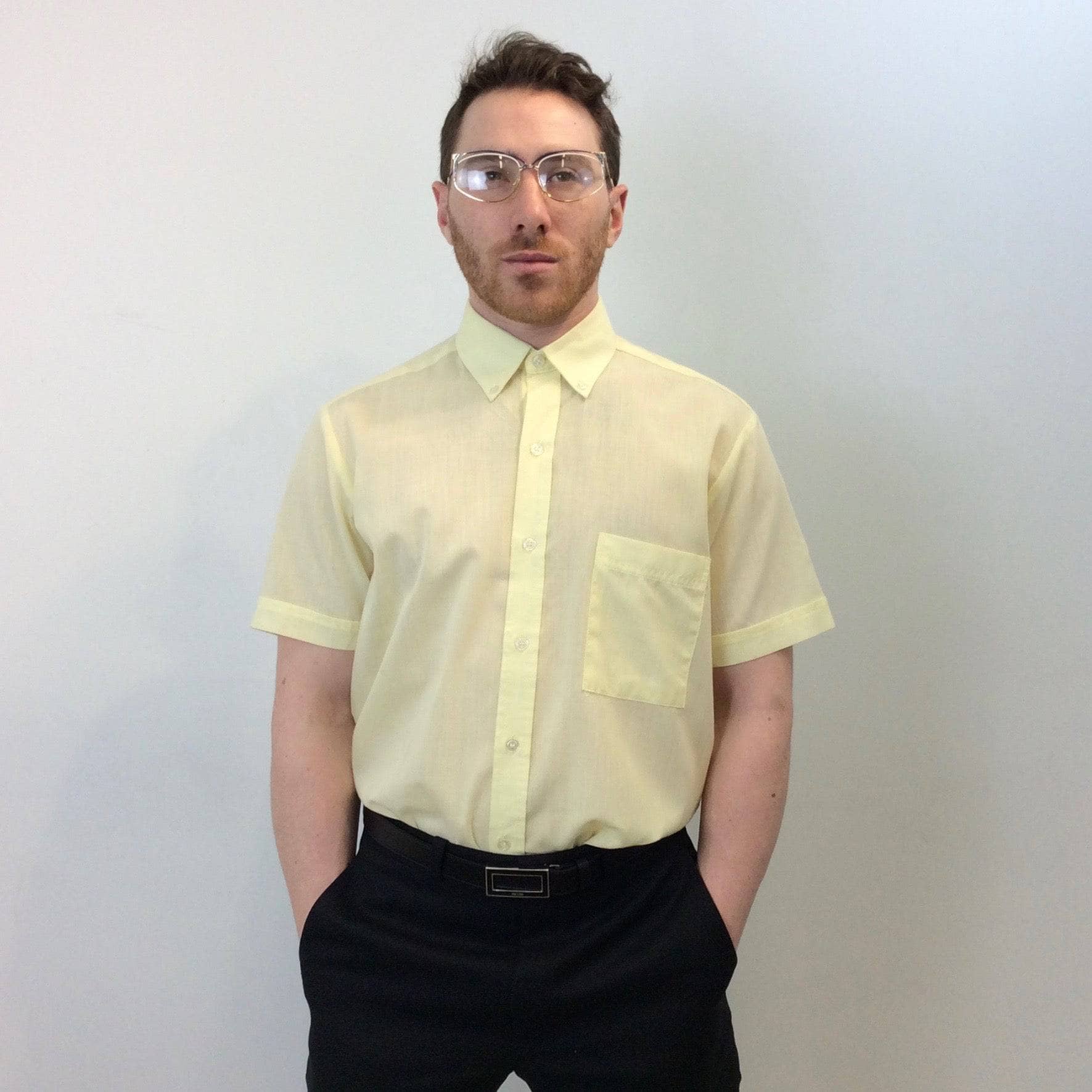 1970s  Men's Yellow Short-Sleeve Dress Shirt M - Image 5