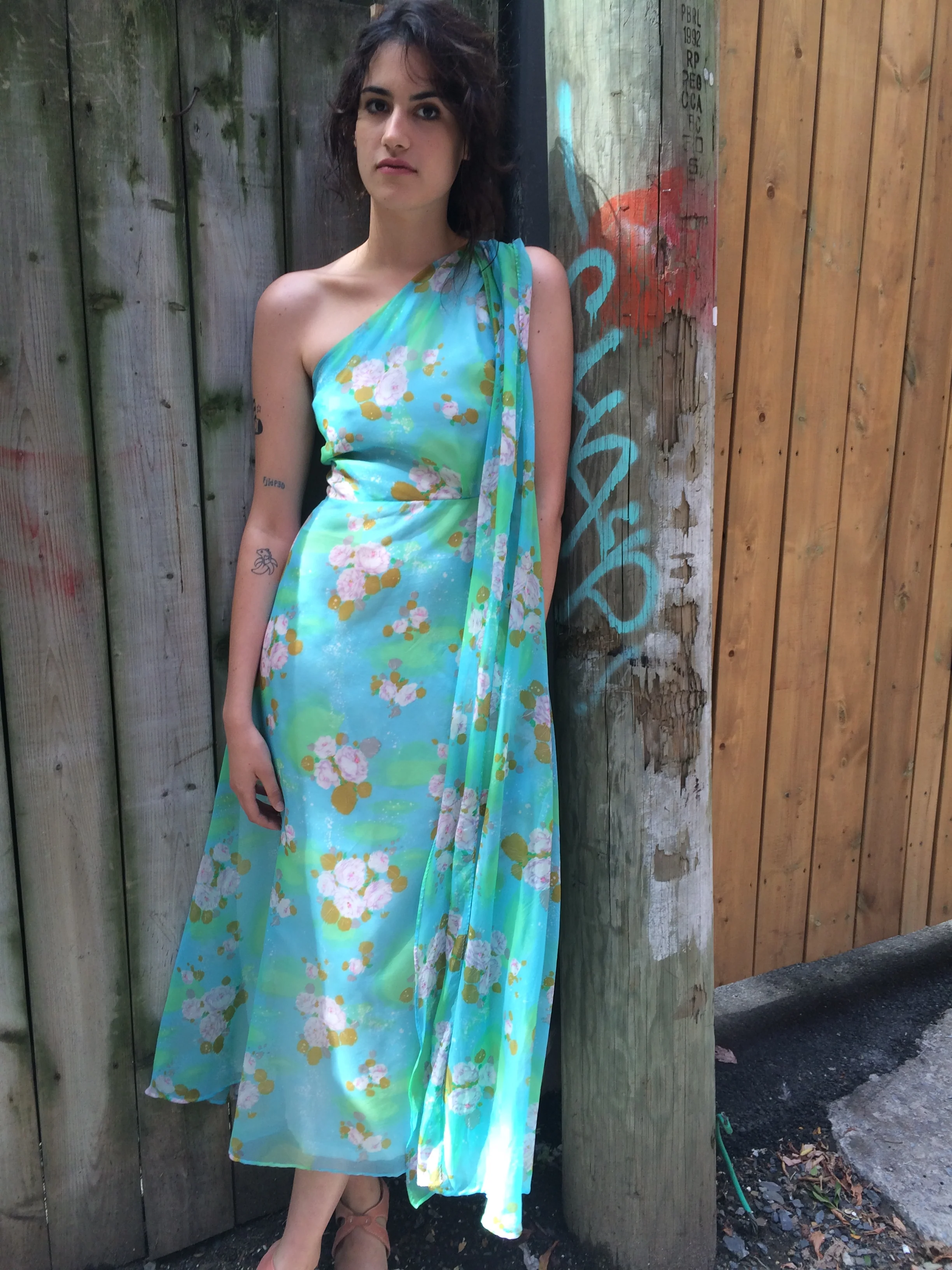 1970s One Shoulder Flowy Floral Maxi Dress Small