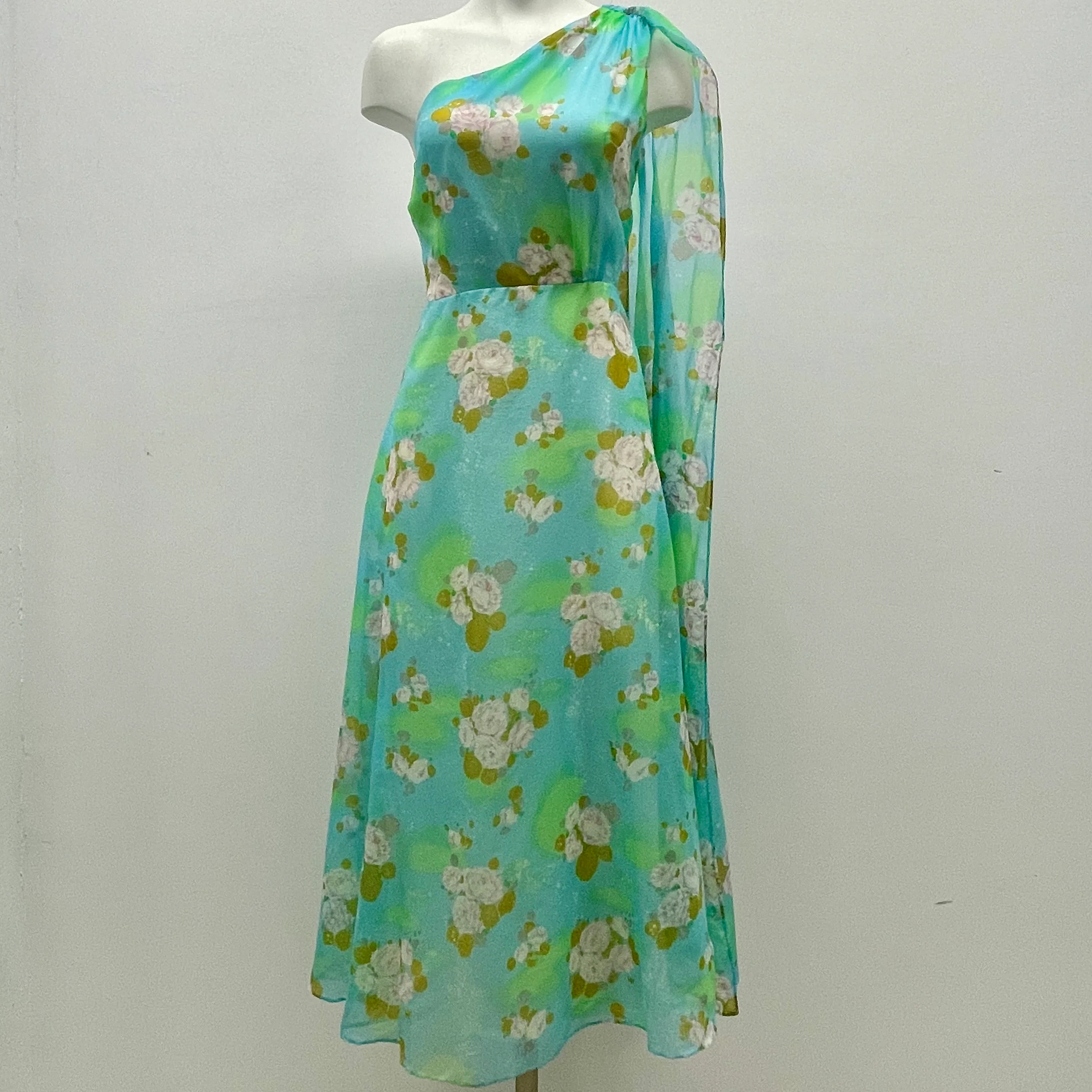 1970s One Shoulder Flowy Floral Maxi Dress Small - Image 2