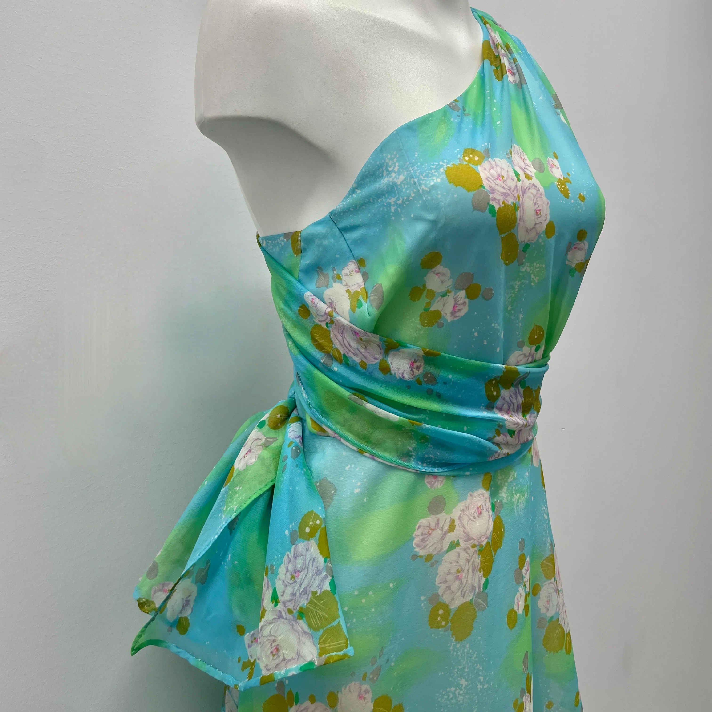 1970s One Shoulder Flowy Floral Maxi Dress Small - Image 3