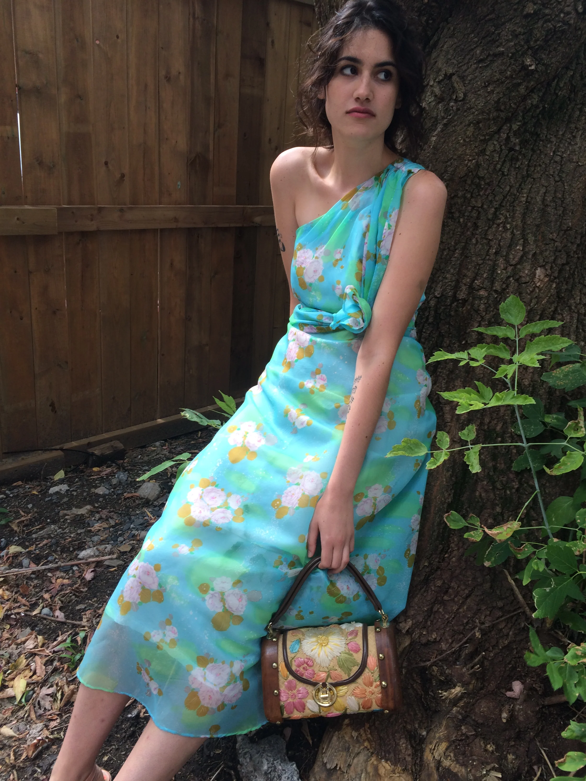1970s One Shoulder Flowy Floral Maxi Dress Small - Image 6
